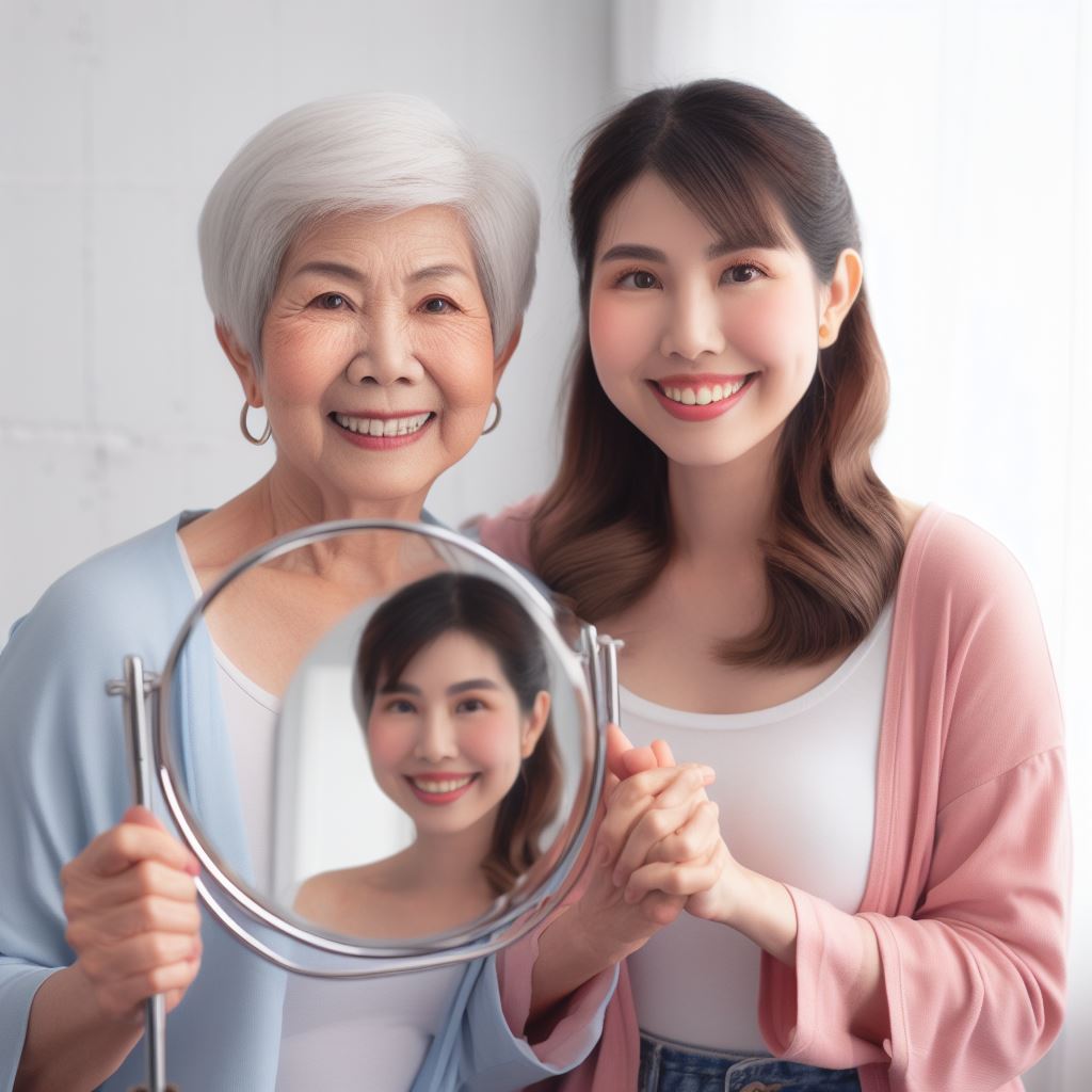 A person holding a mirror with a person in the background

Description automatically generated