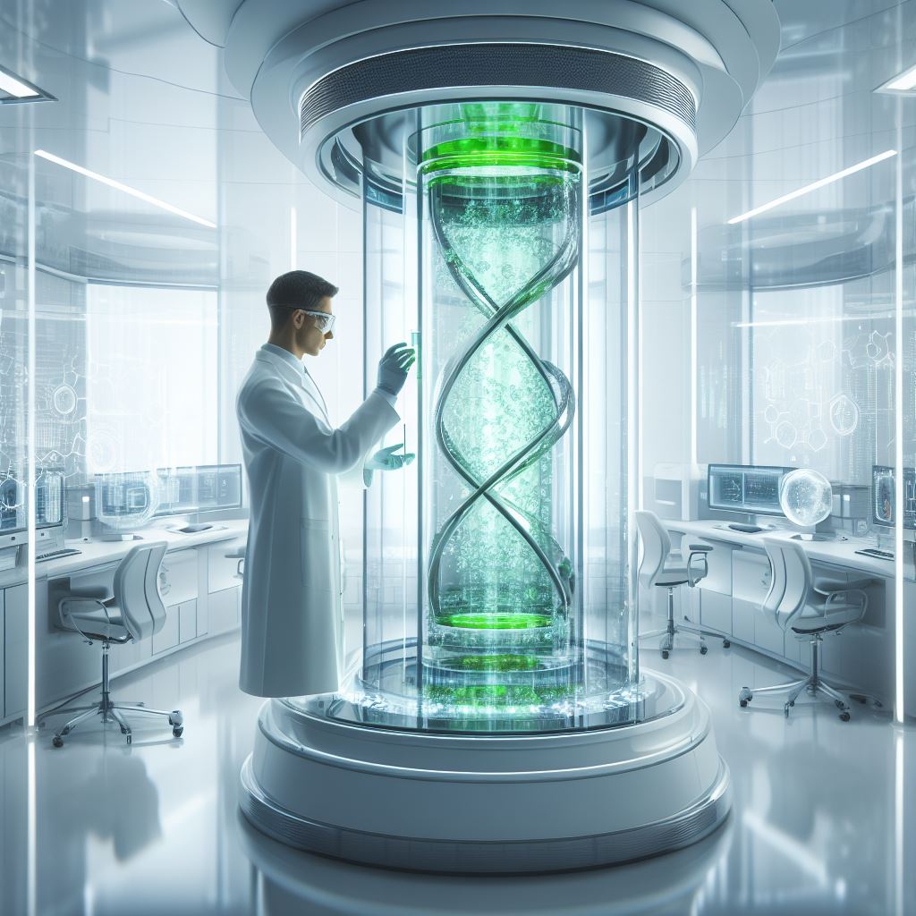 A person in a lab coat standing in a glass tube with a green light

Description automatically generated