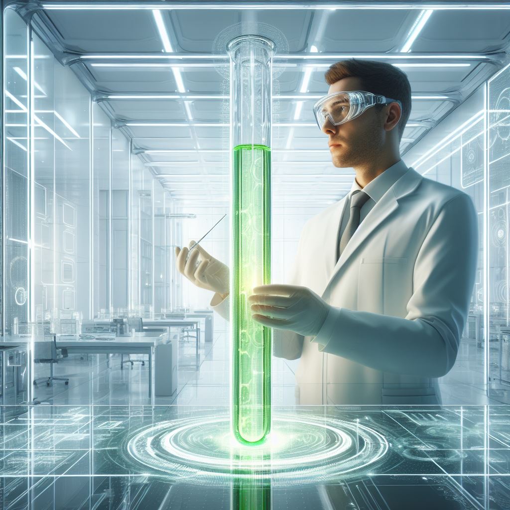 A person wearing goggles and white coat holding a test tube

Description automatically generated