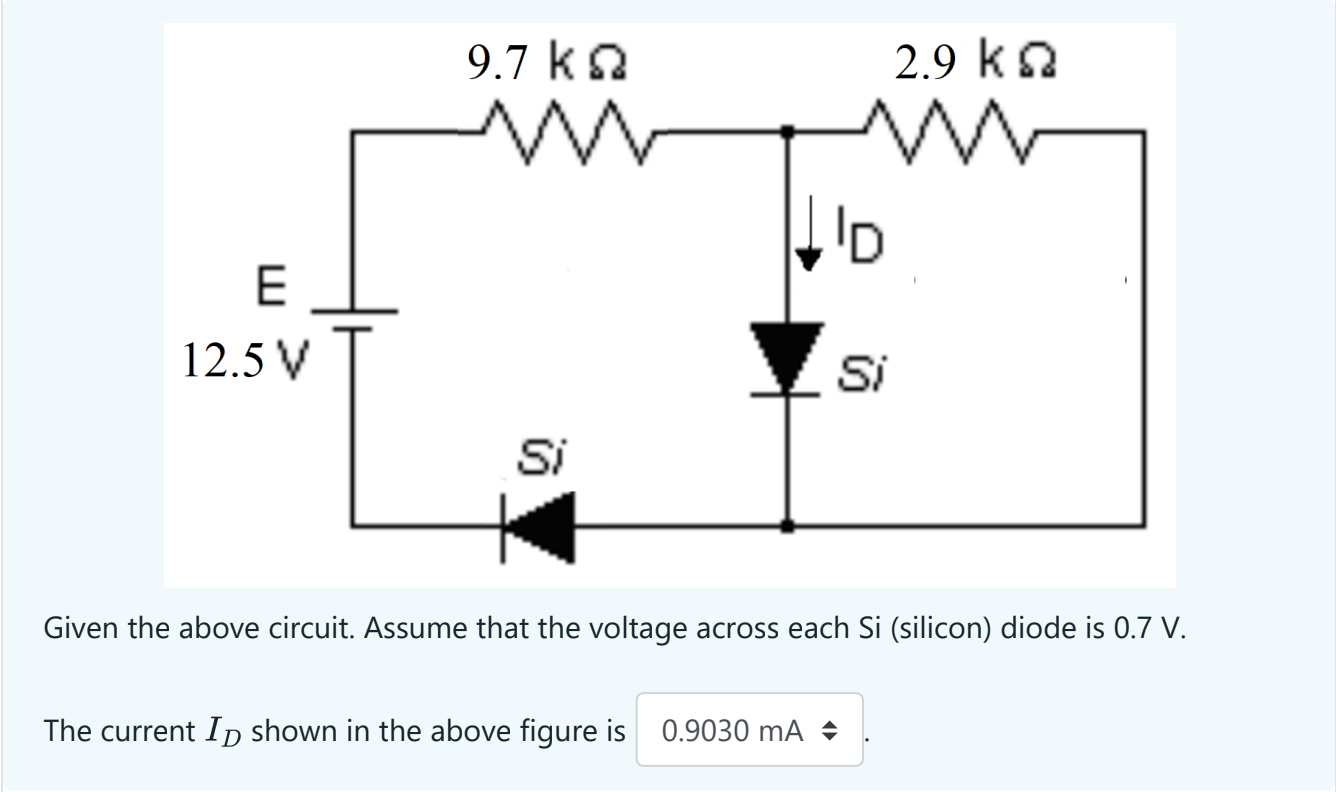 Given the above circuit. Assume that the voltage across each Si (silicon) diode is \( 0.7 \mathrm{~V} \). The current \( I_{