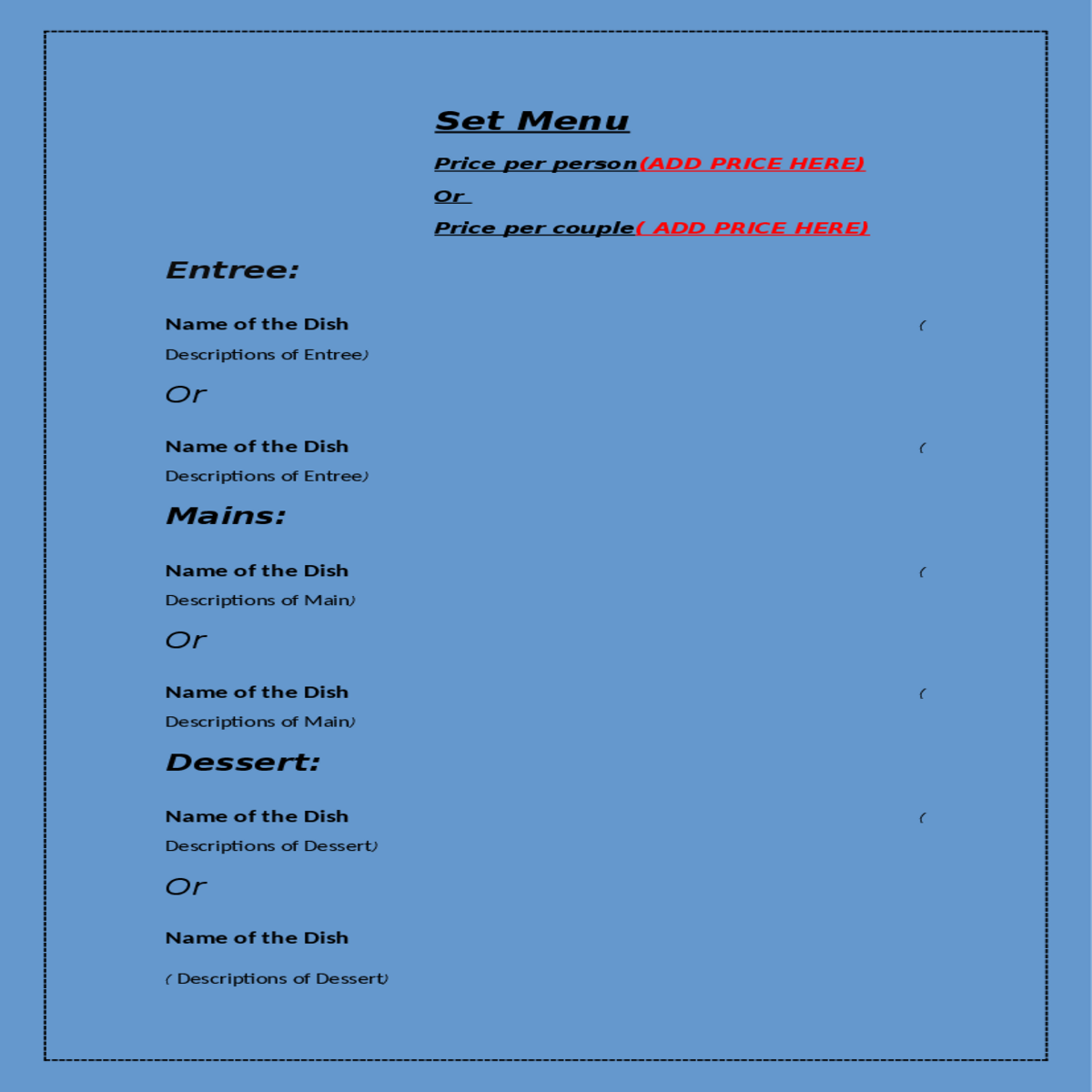 set menuprice per person price here per couple add