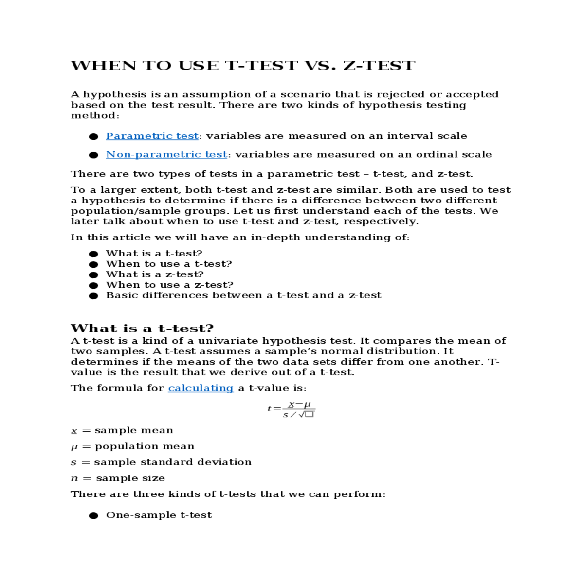 when to use t-test vs. z-test