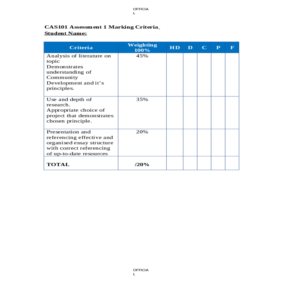 cas assessment marking criteriastudent name litera