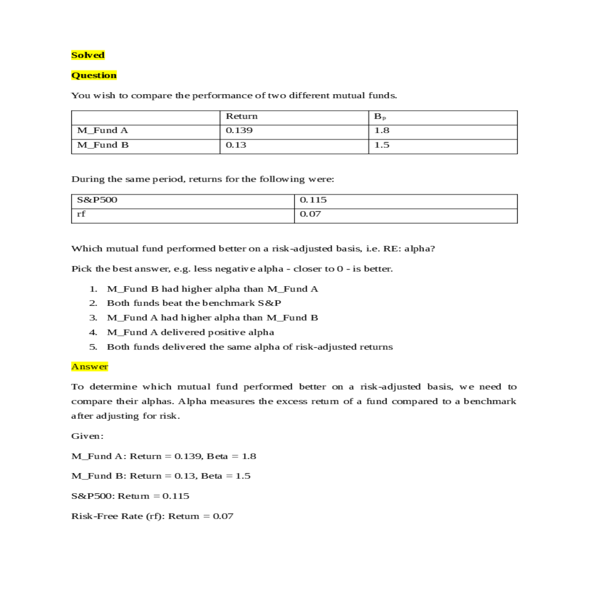 alpha measures the excess return fund compared ben