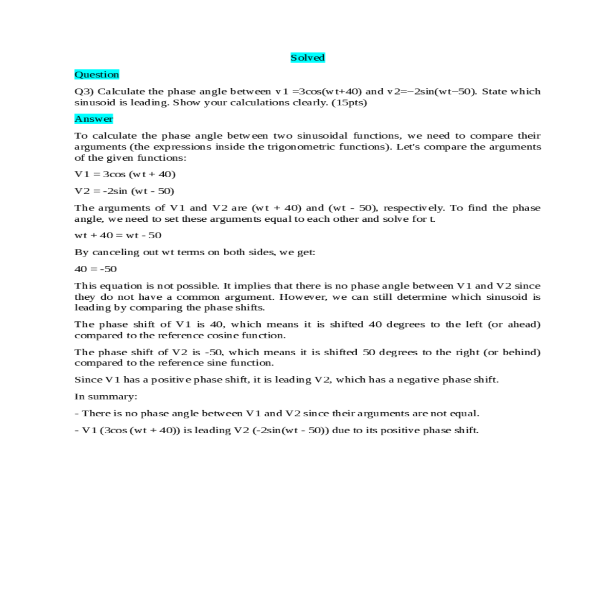 pts calculate the phase angle between two sinusoid