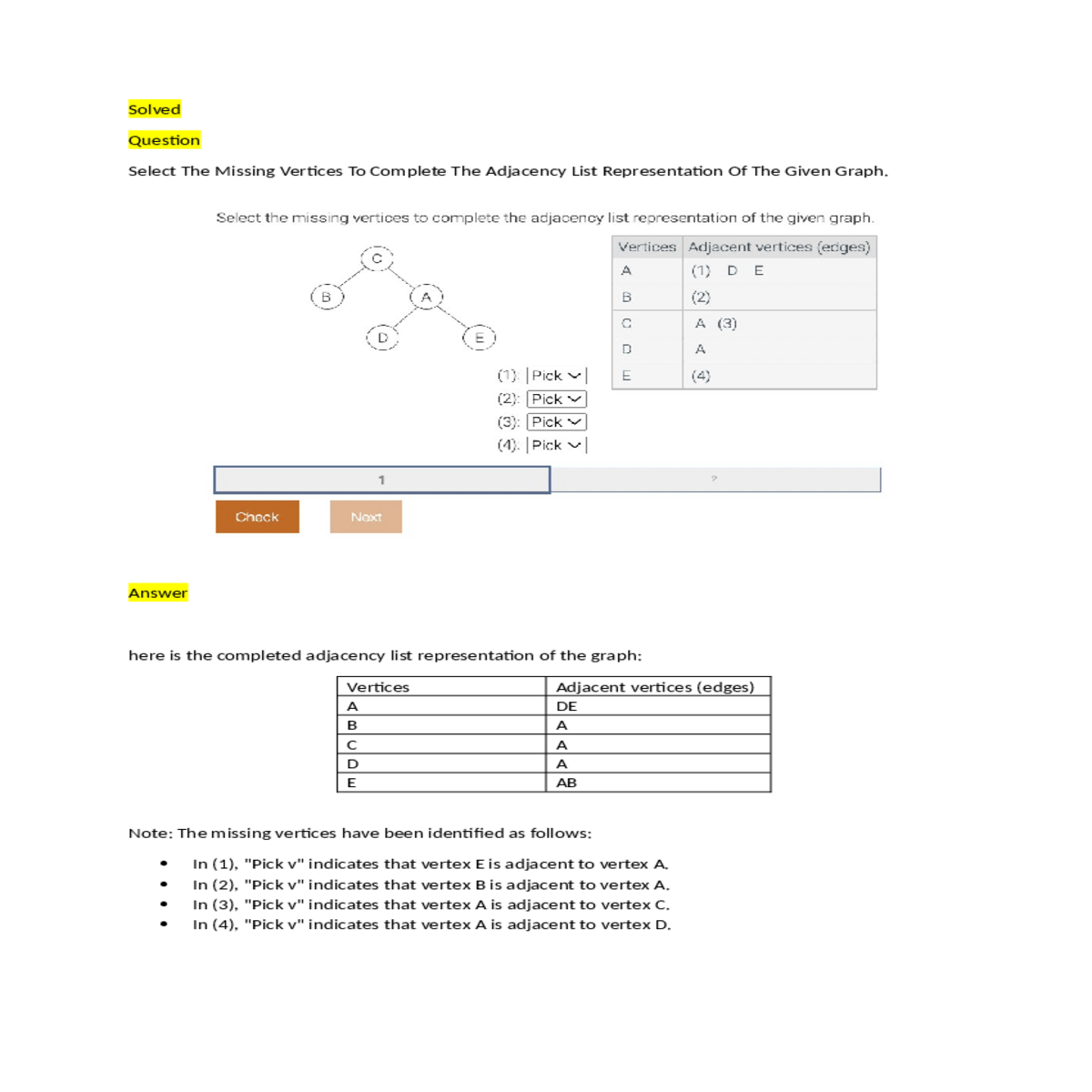 solvedquestionselect the missing vertices complete the adjacency list ...