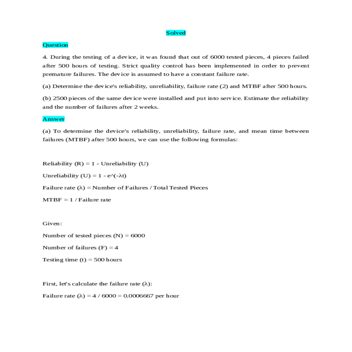 let calculate the mtbf after hours failure rate ho