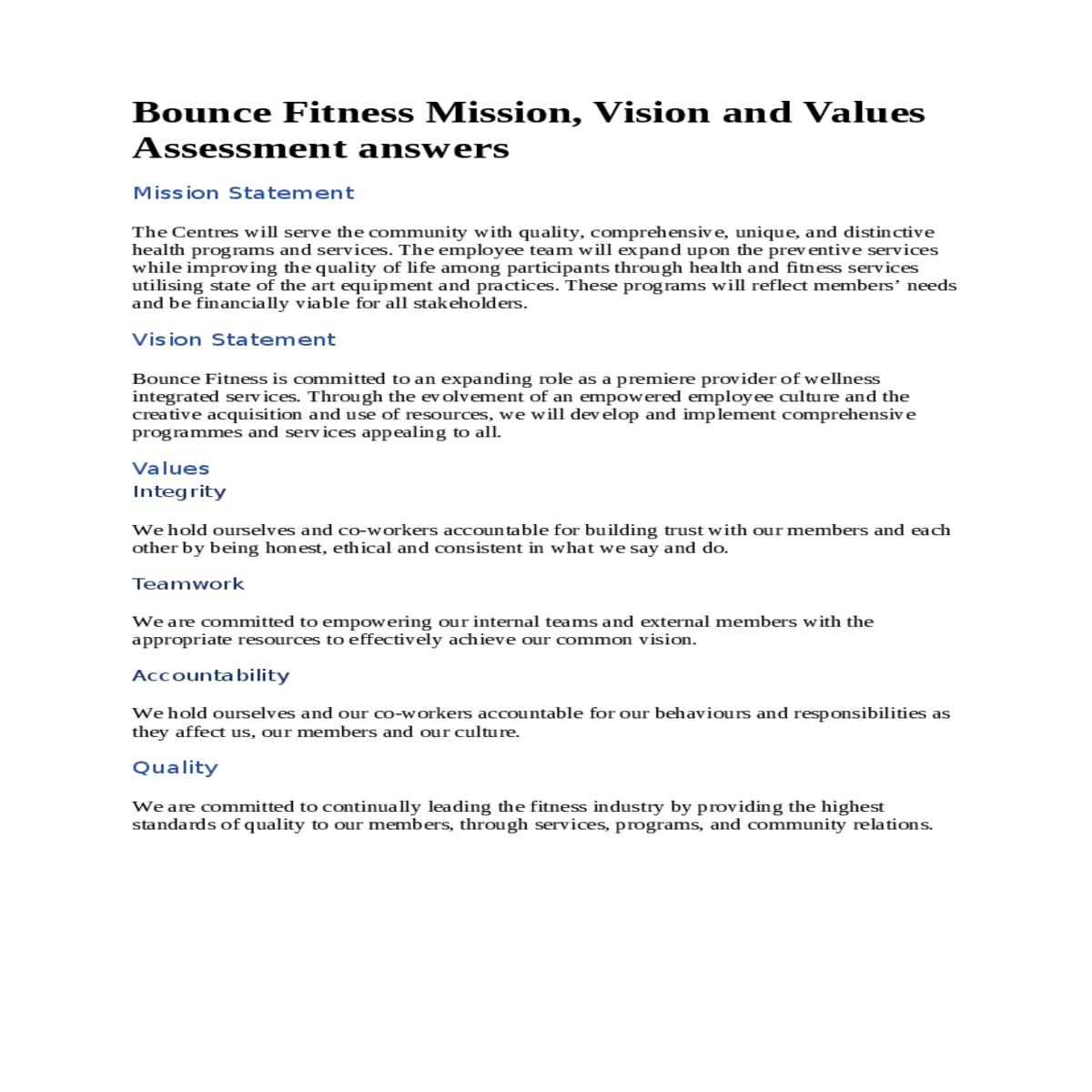 Bounce Fitness Mission, Vision and Values Assessme