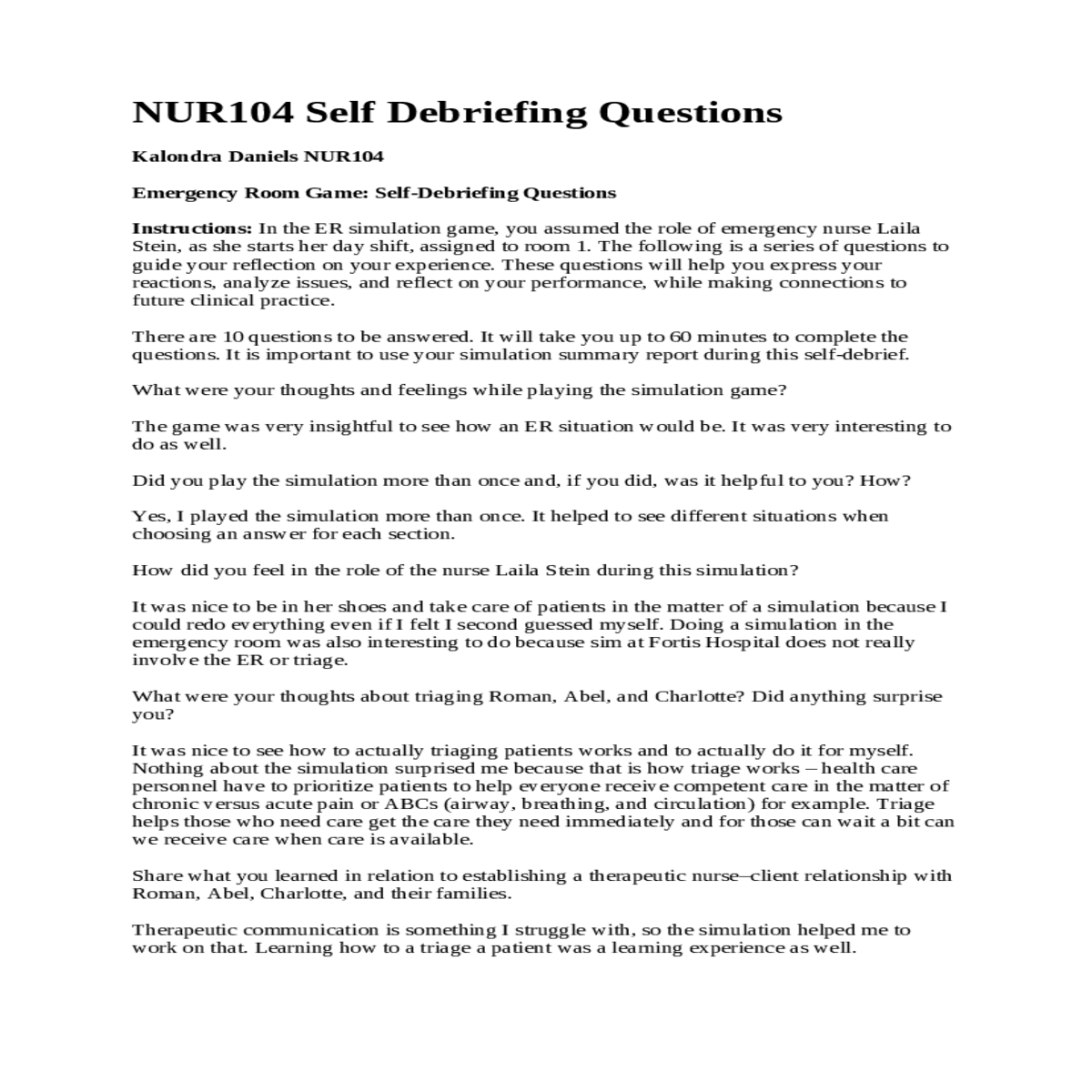 NUR104 Self Debriefing Questions, and potential co