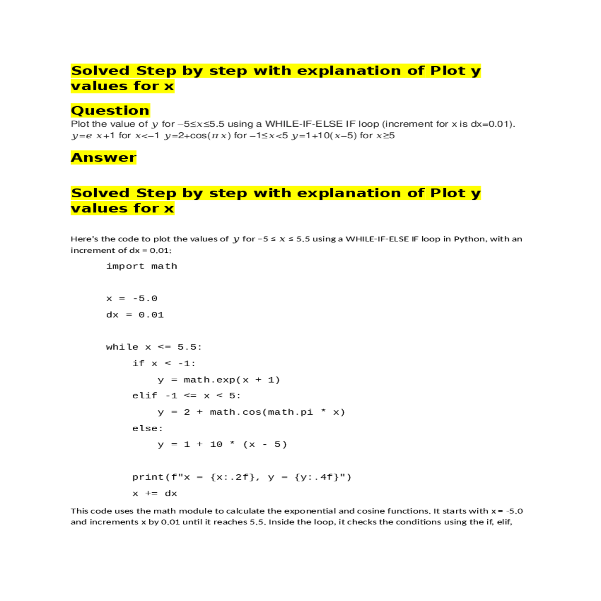 dxthis code uses the math module calculate the exp