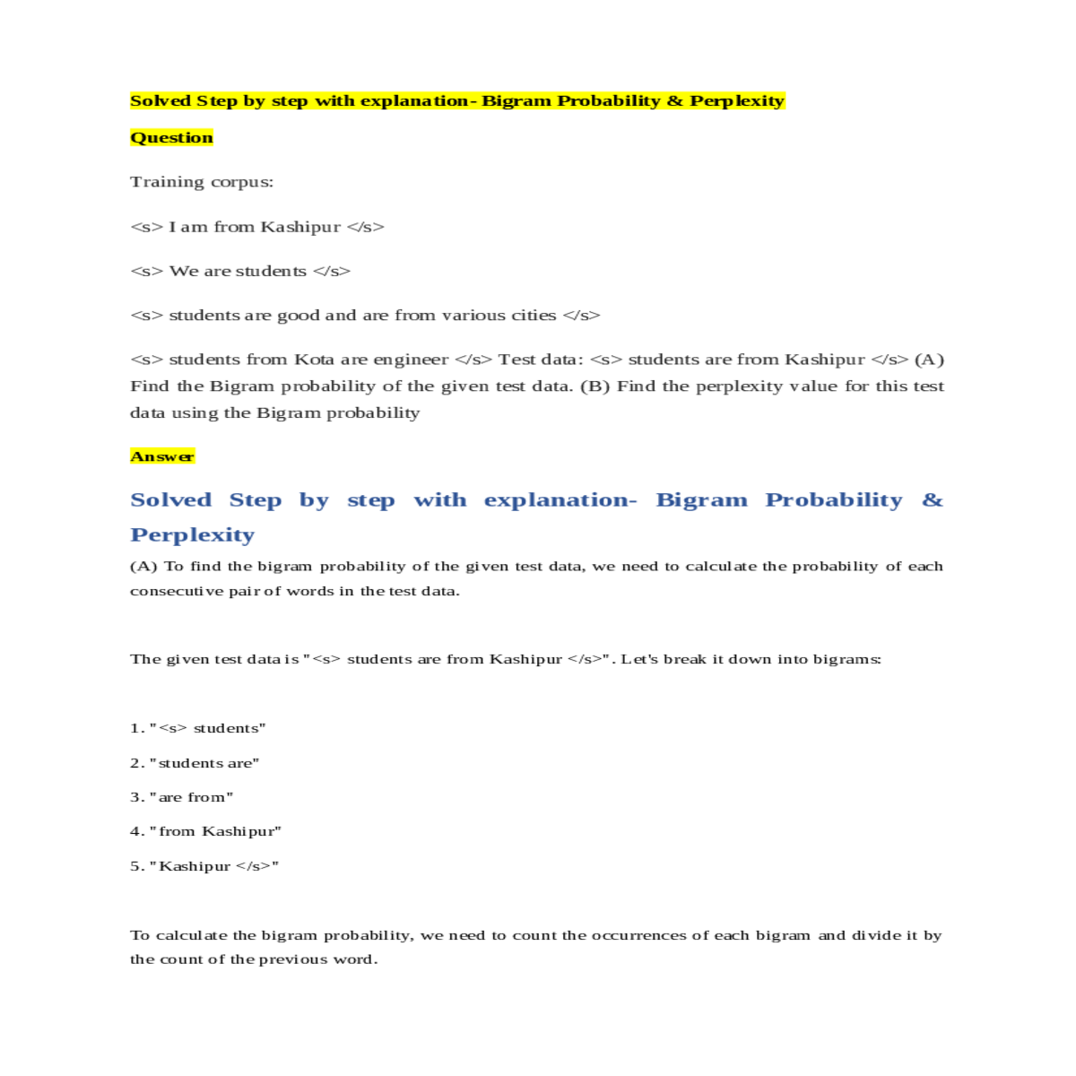kashipur calculate the bigram probability