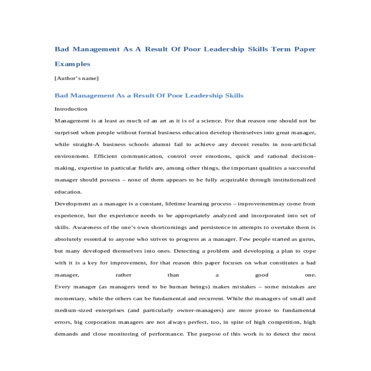 bad management as a result of poor leadership skil