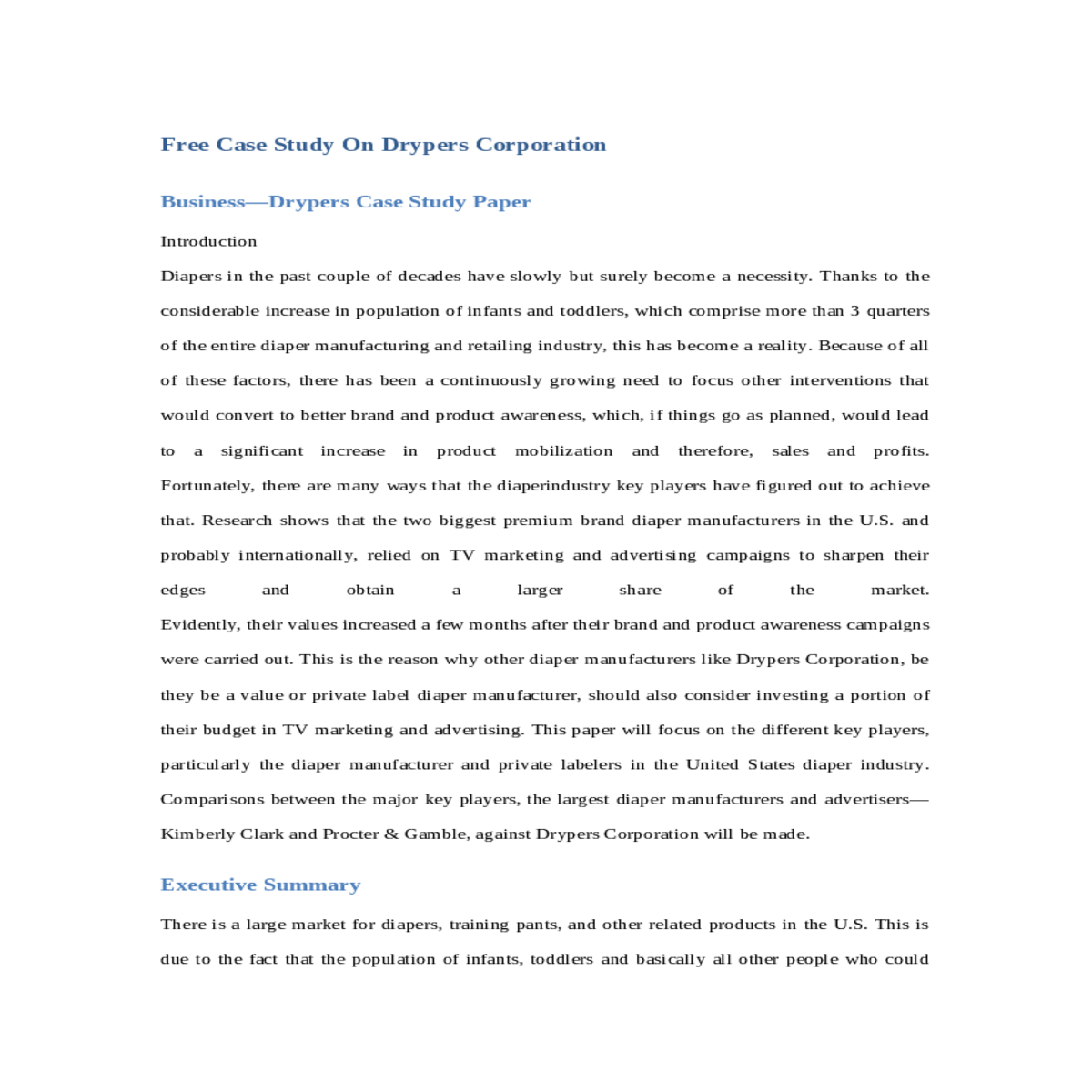 free case study on drypers corporation