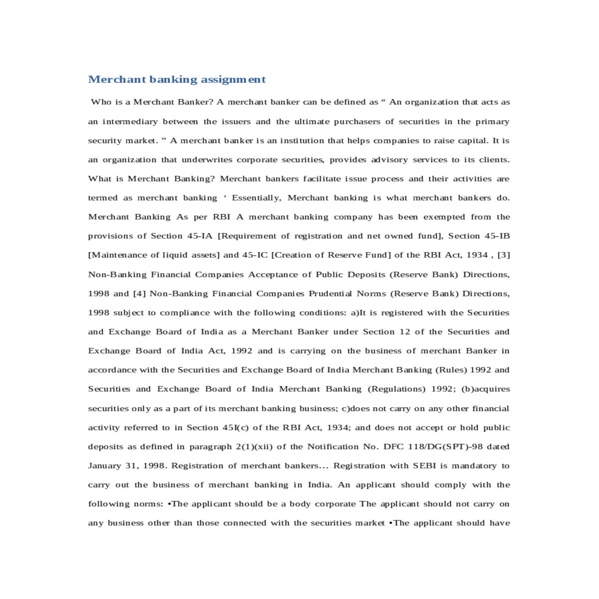 merchant banking assignment