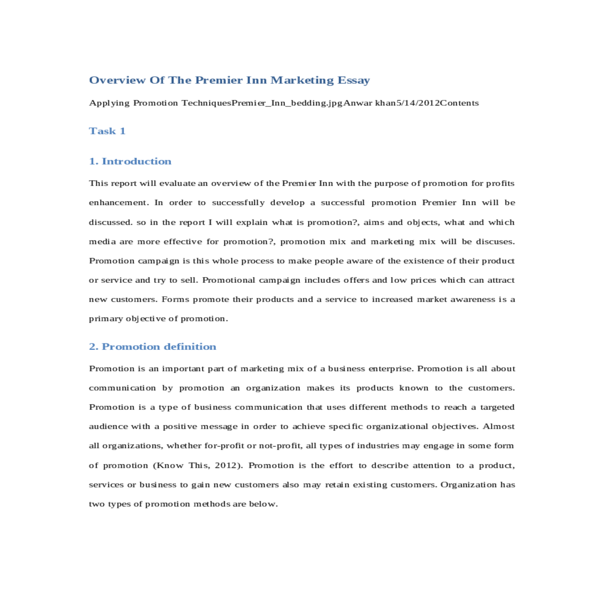 overview of the premier inn marketing essay