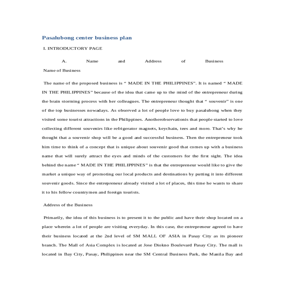 pasalubong center business plan