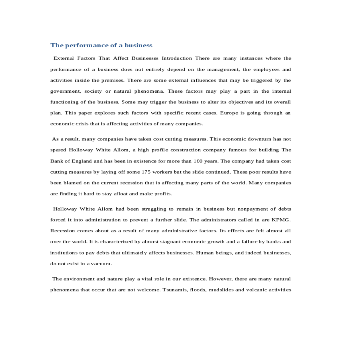 the performance of a business
