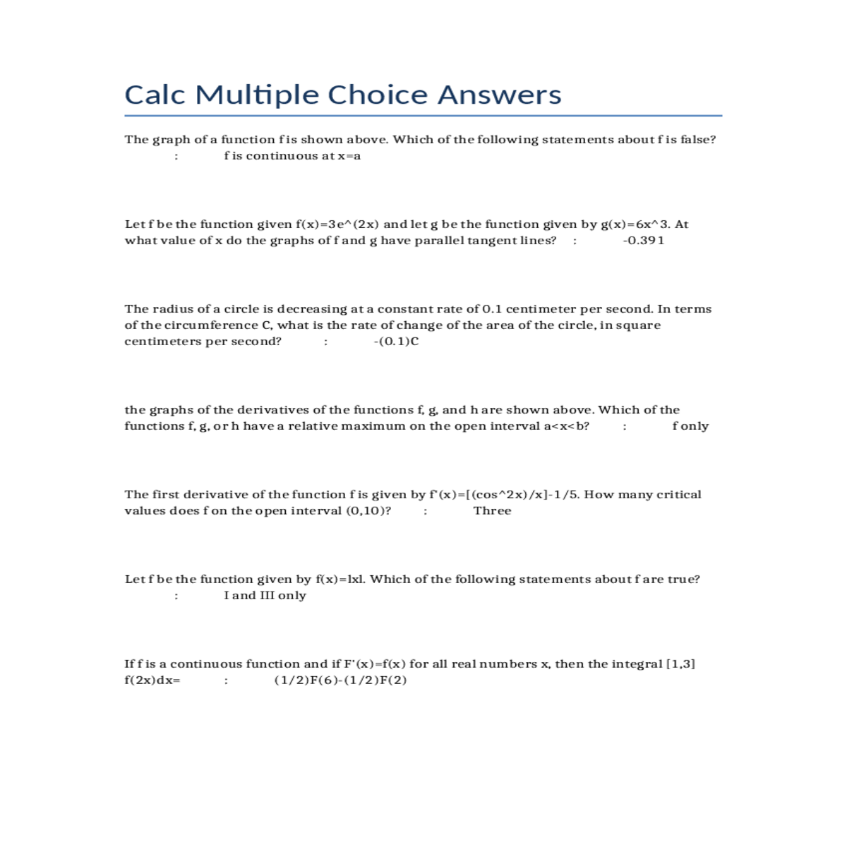calc multiple choice answers