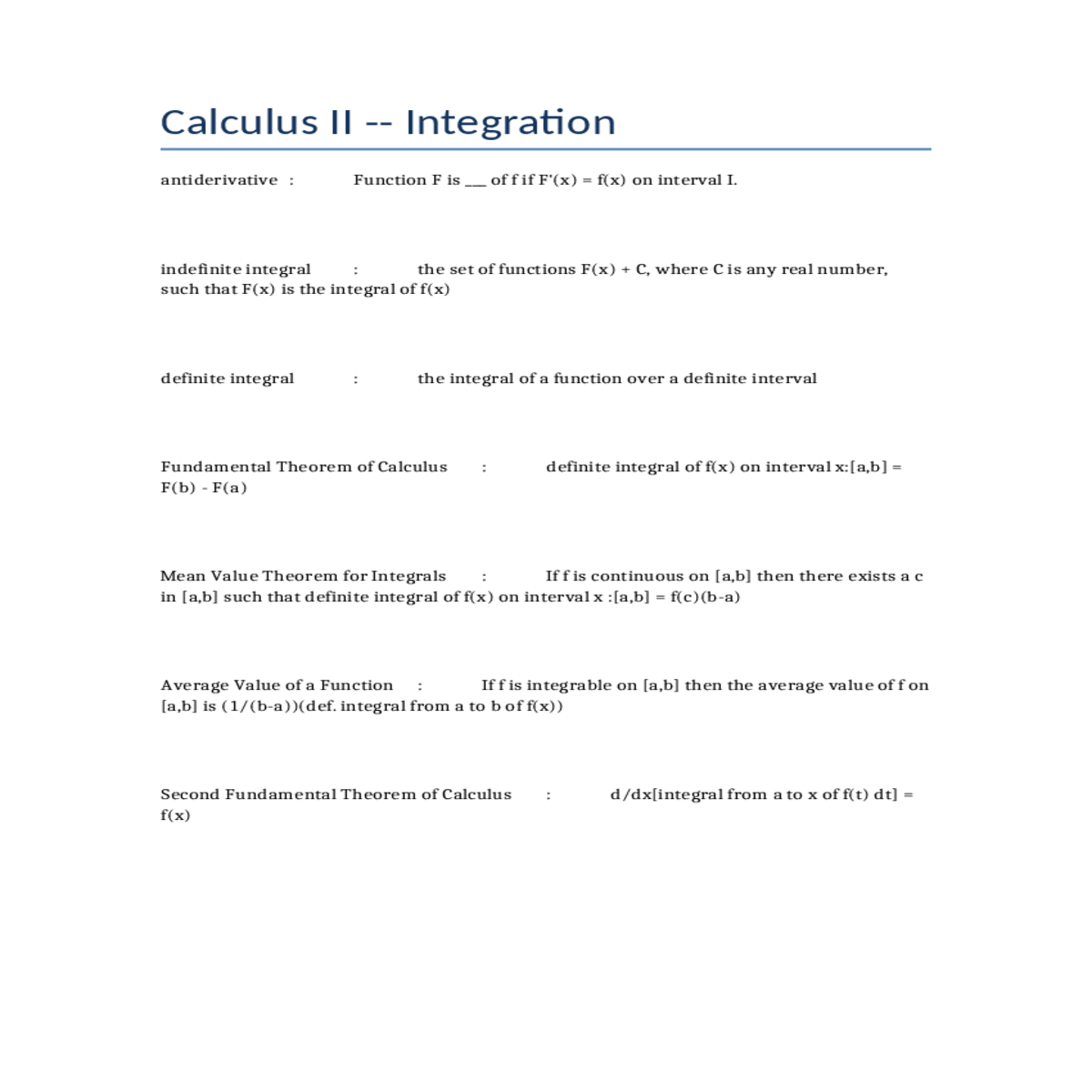 antiderivative function interval integral the set 