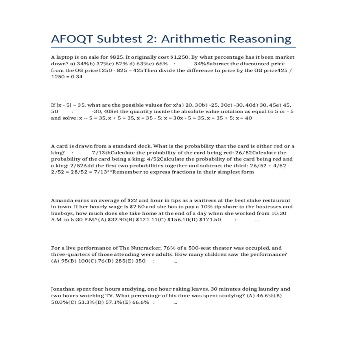 afoqt subtest 2 arithmetic reasoning