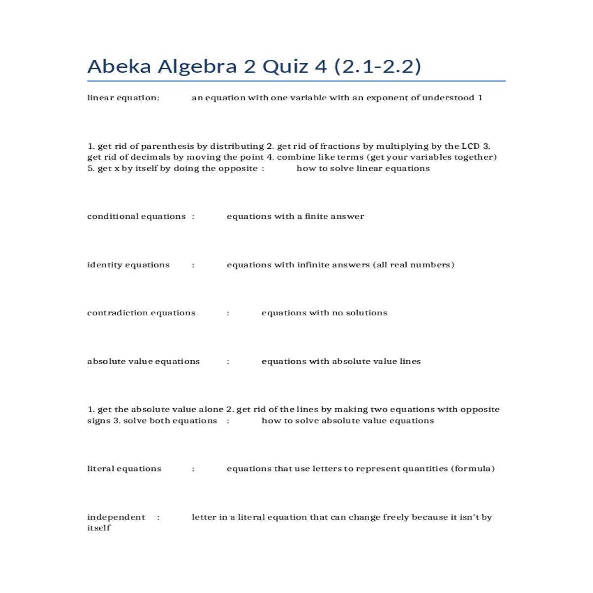 abeka algebra 2 quiz 4 2122