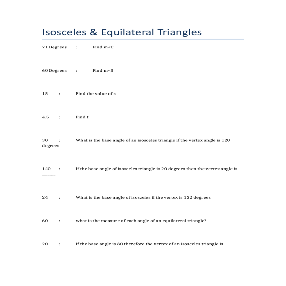what its vertex angle the base angle isosceles tri