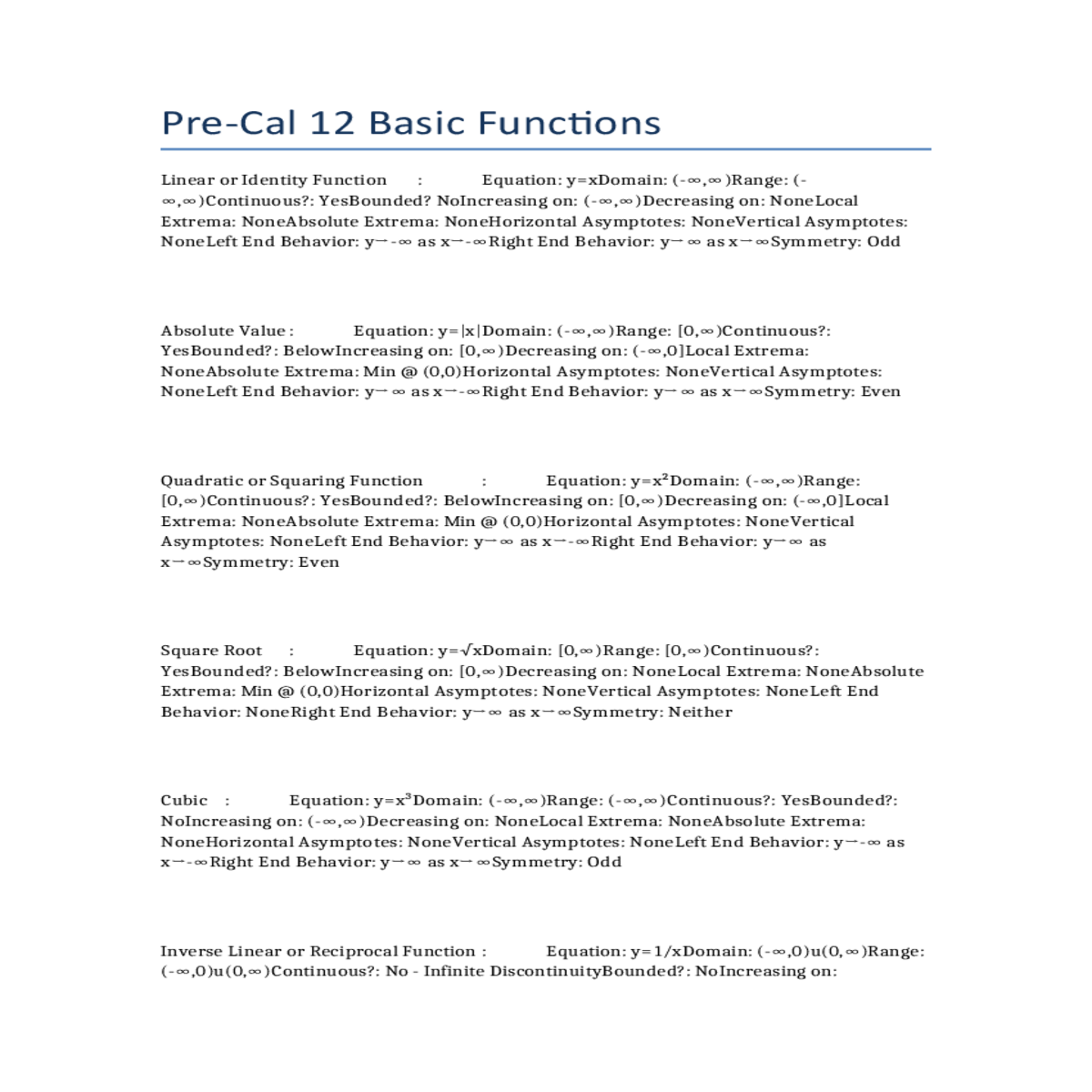 precal 12 basic functions