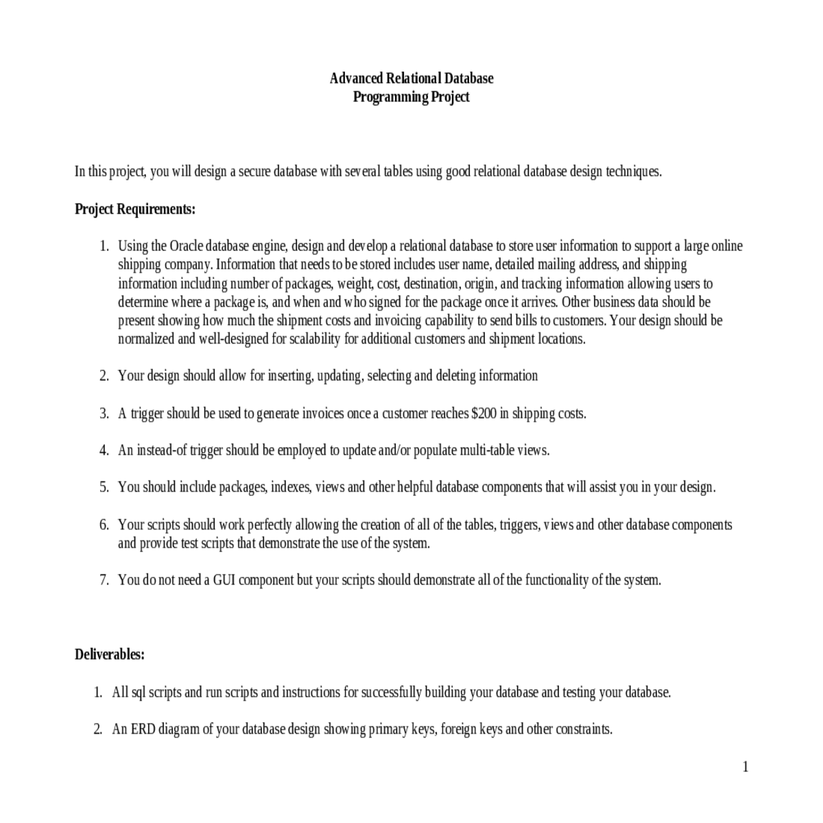 project requirements the oracle database engine