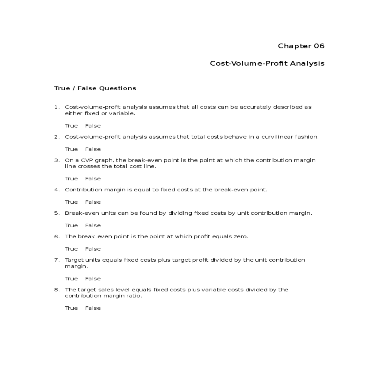 unit price unit variable costs total fixed costs p
