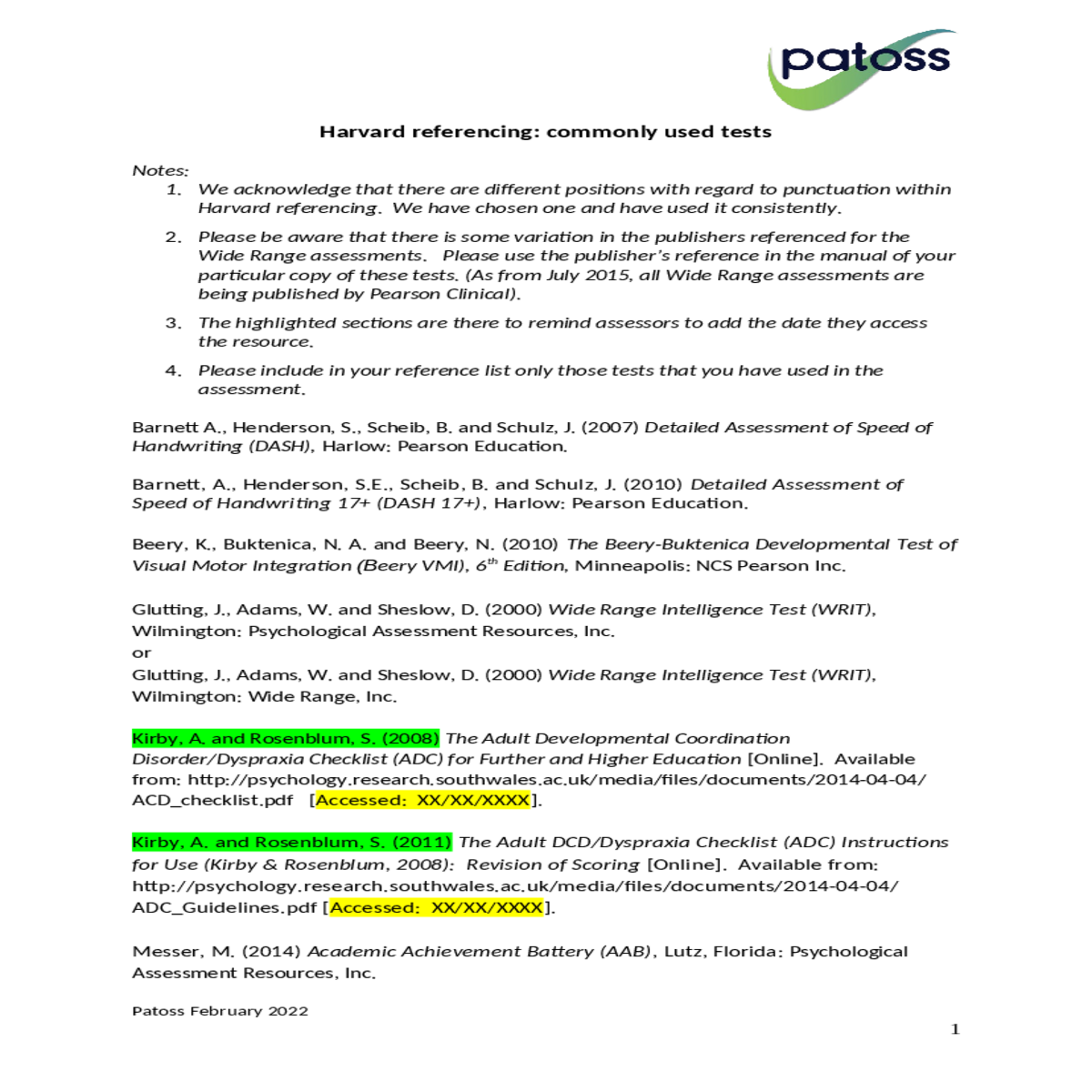 the adult dcd checklist adc instructions for use k