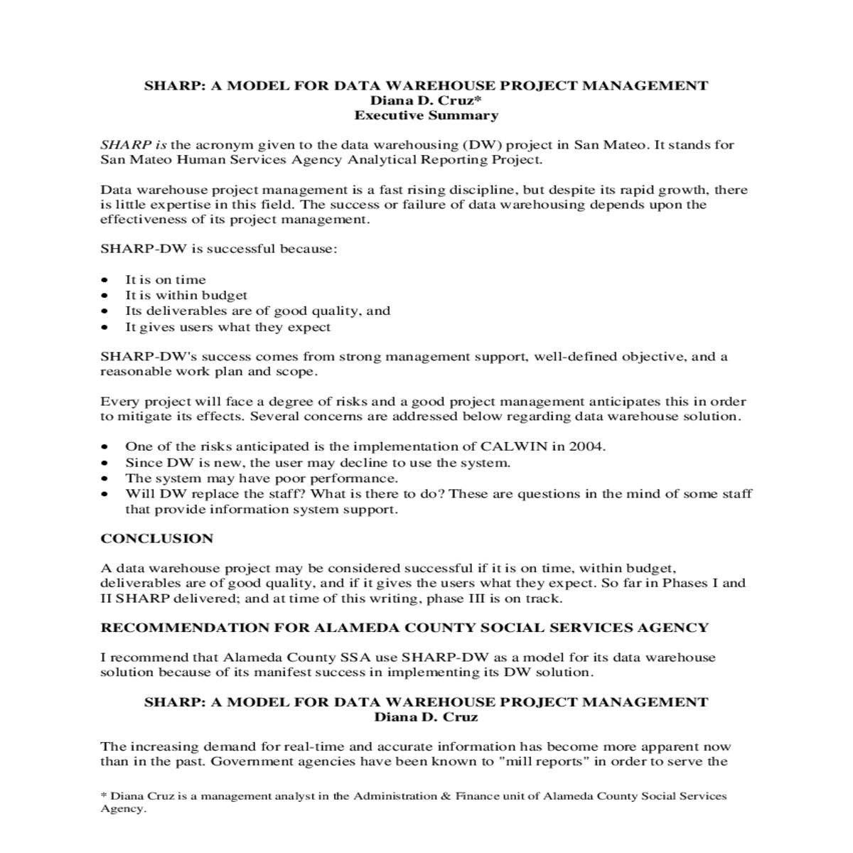 sharp model for data warehouse project management 