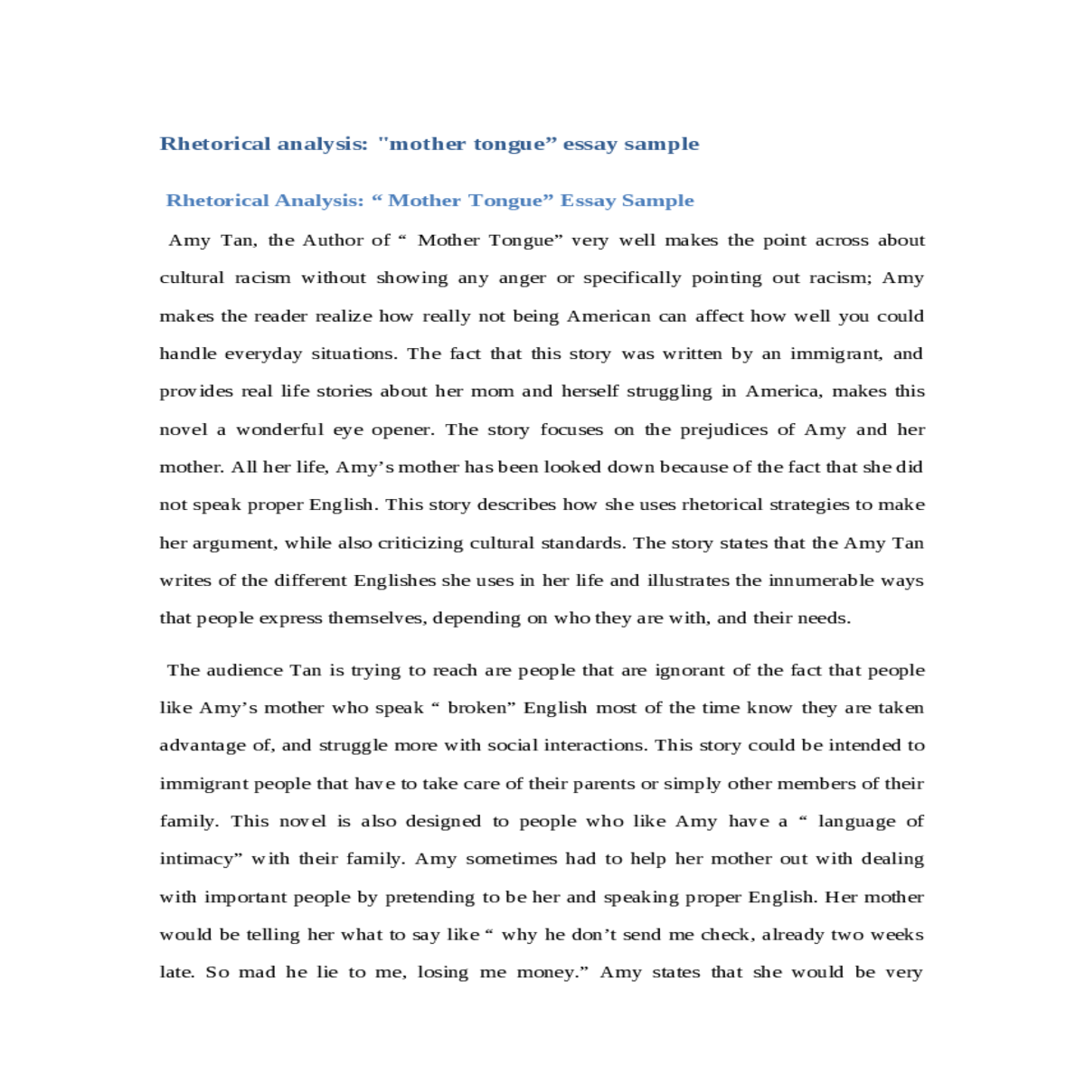 rhetorical analysis mother tongue” essay sample