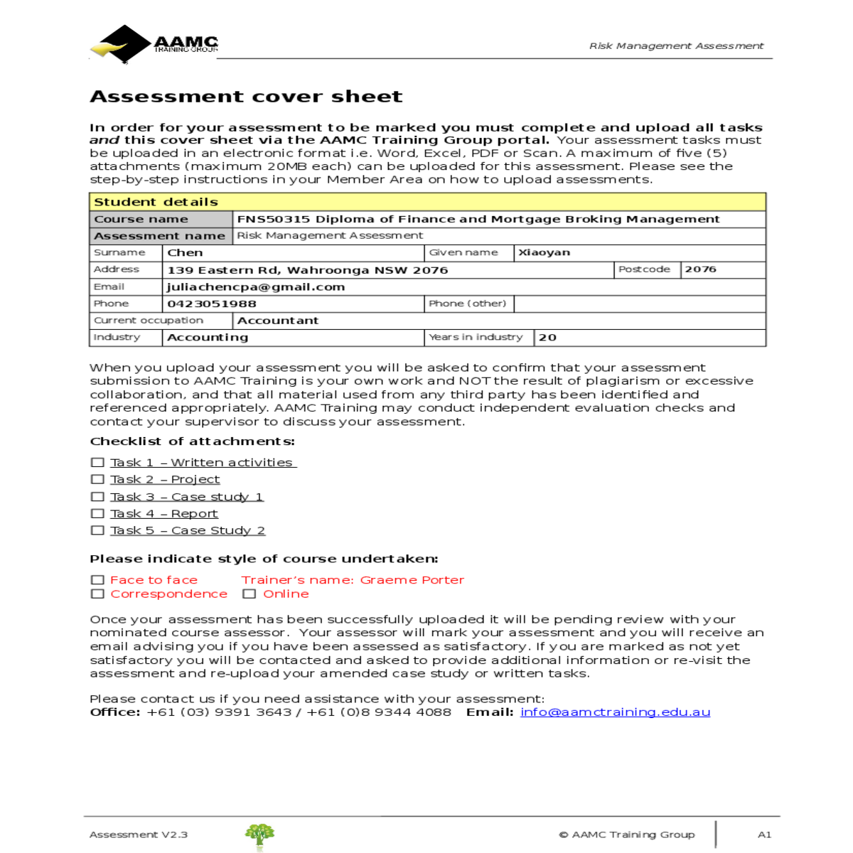 assessment cover sheet