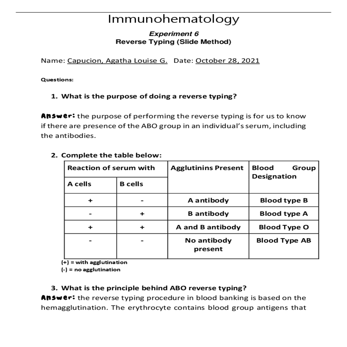 immunohematologyexperiment reverse typing slide method capucion