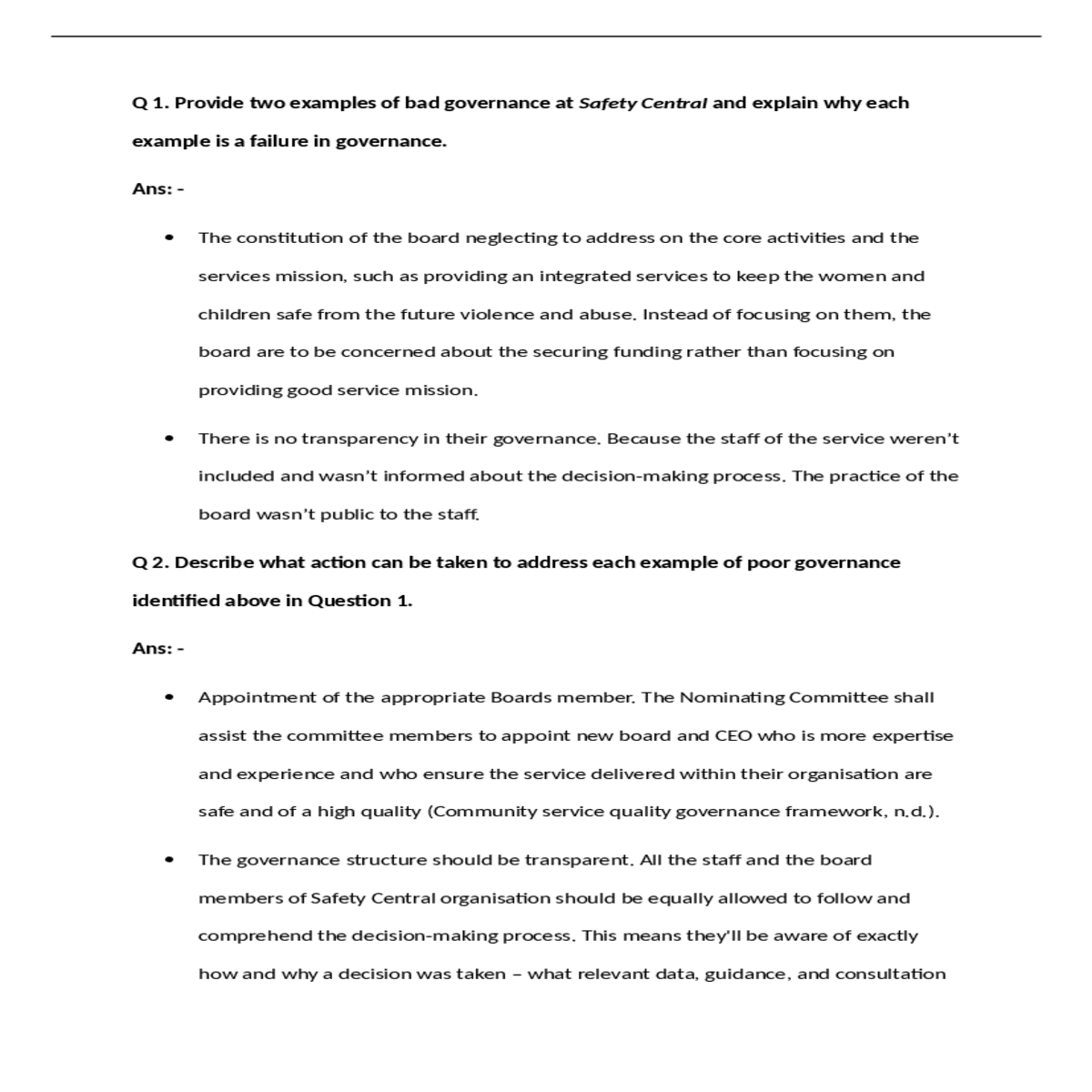 community services quality governance framework pd