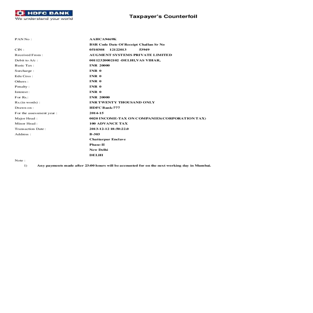 aahca ktaxpayer counterfoilbsr code date receipt challan nocin