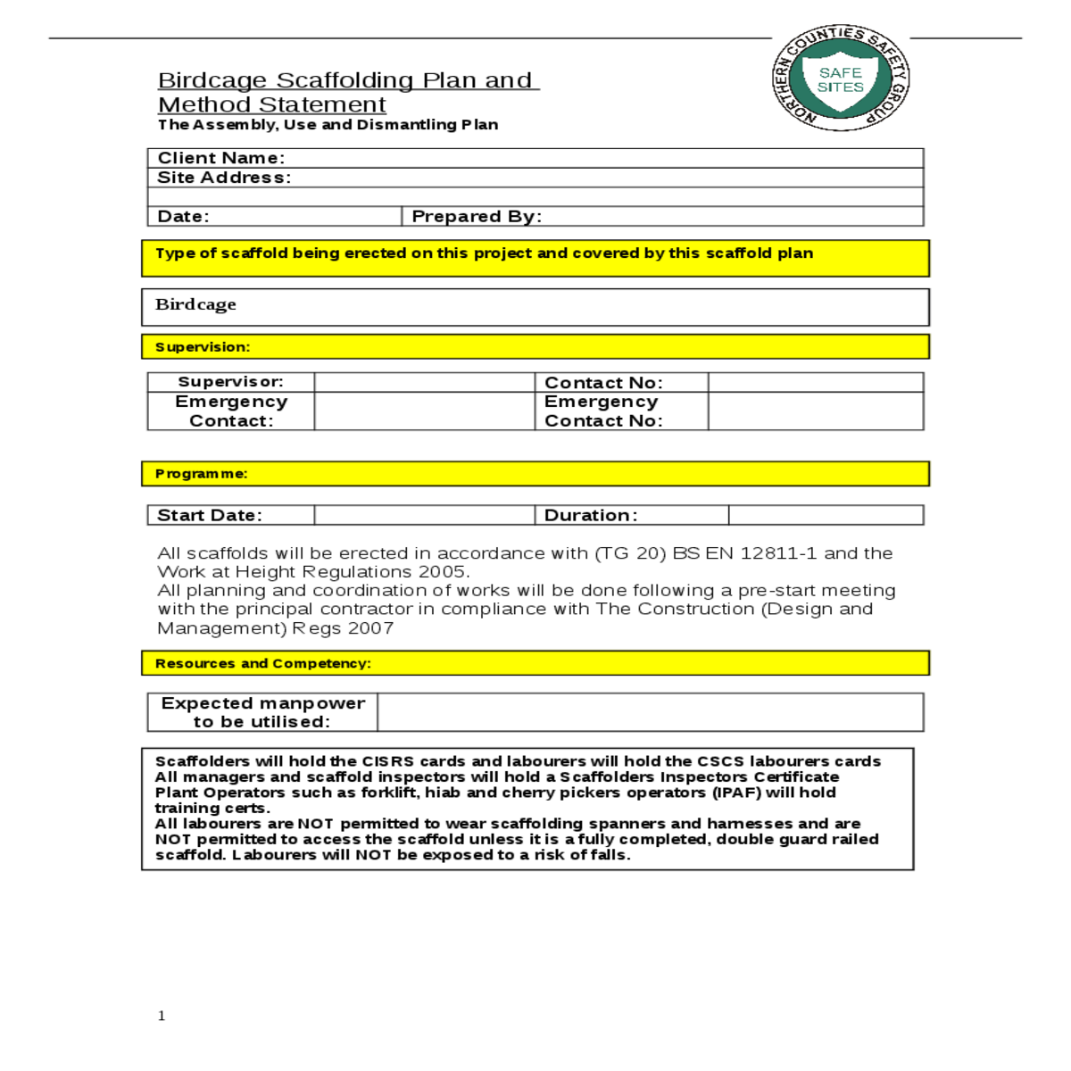 birdcage scaffolding plan and method statement the
