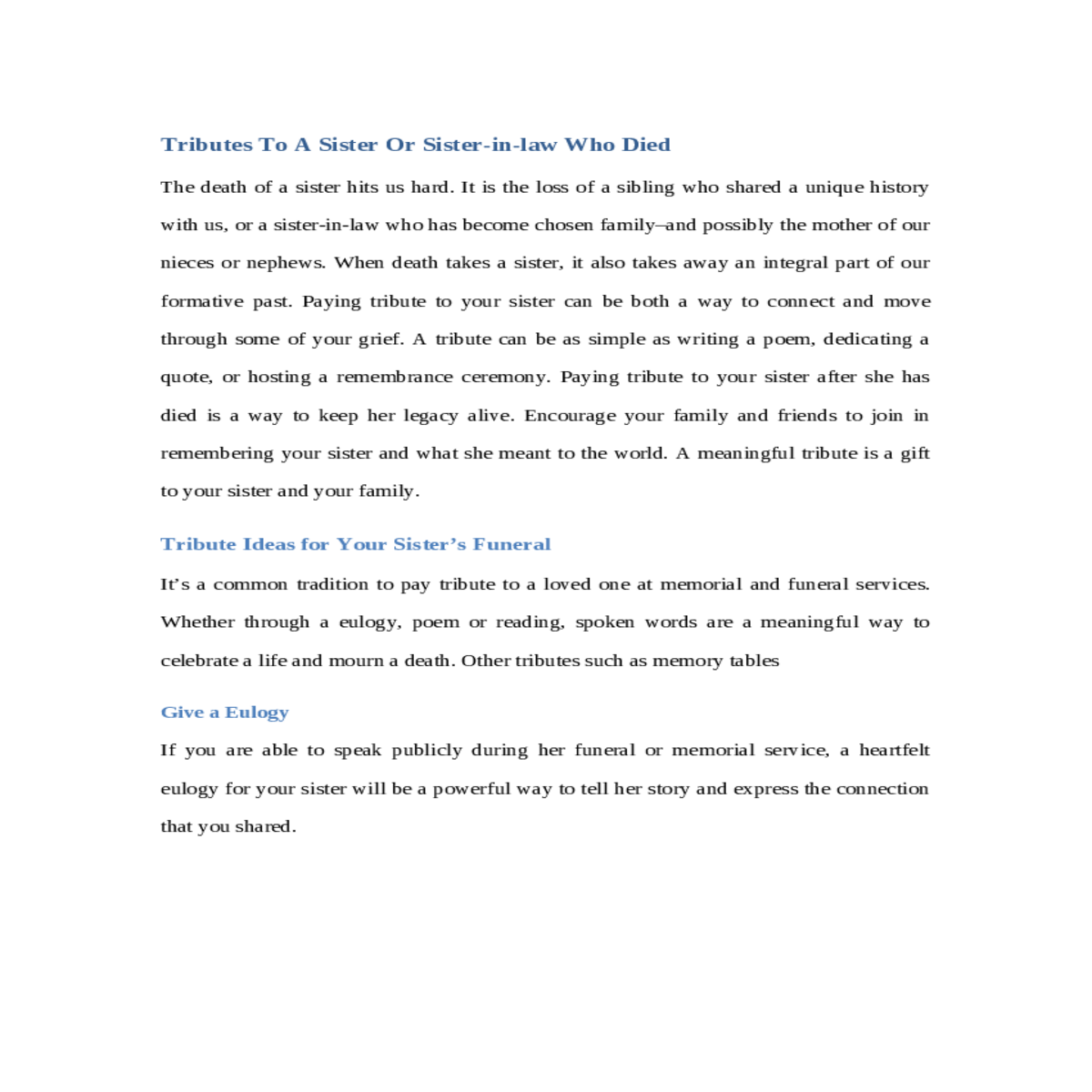 tributes to a sister or sisterinlaw who died