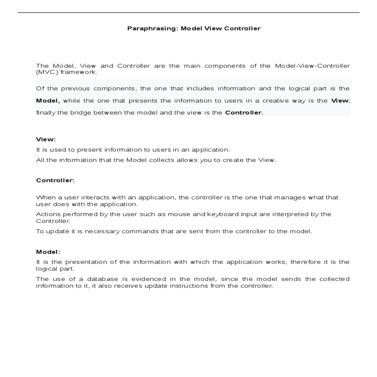 paraphrasing model view controllerthe model