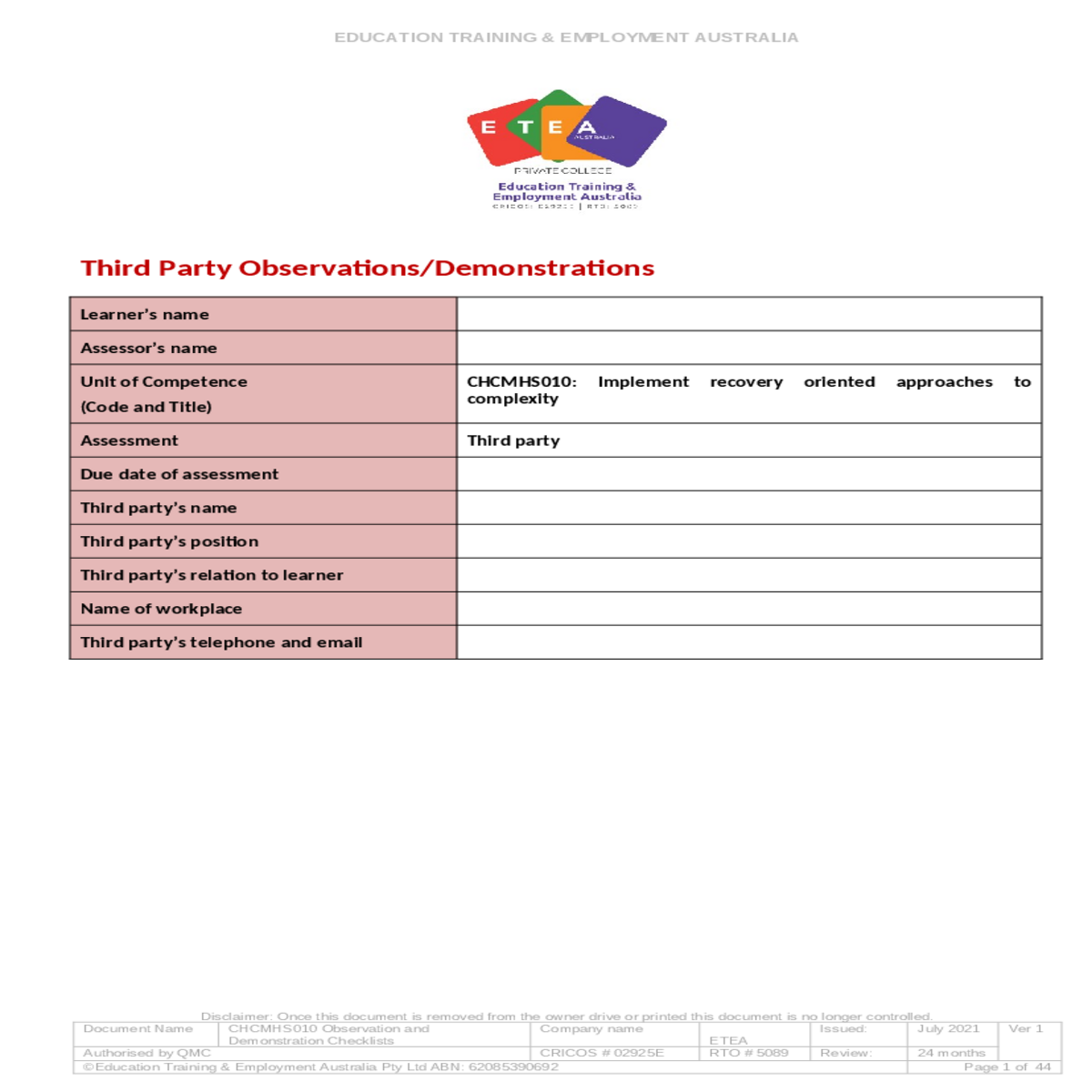part 1 – preliminary questions for the third party