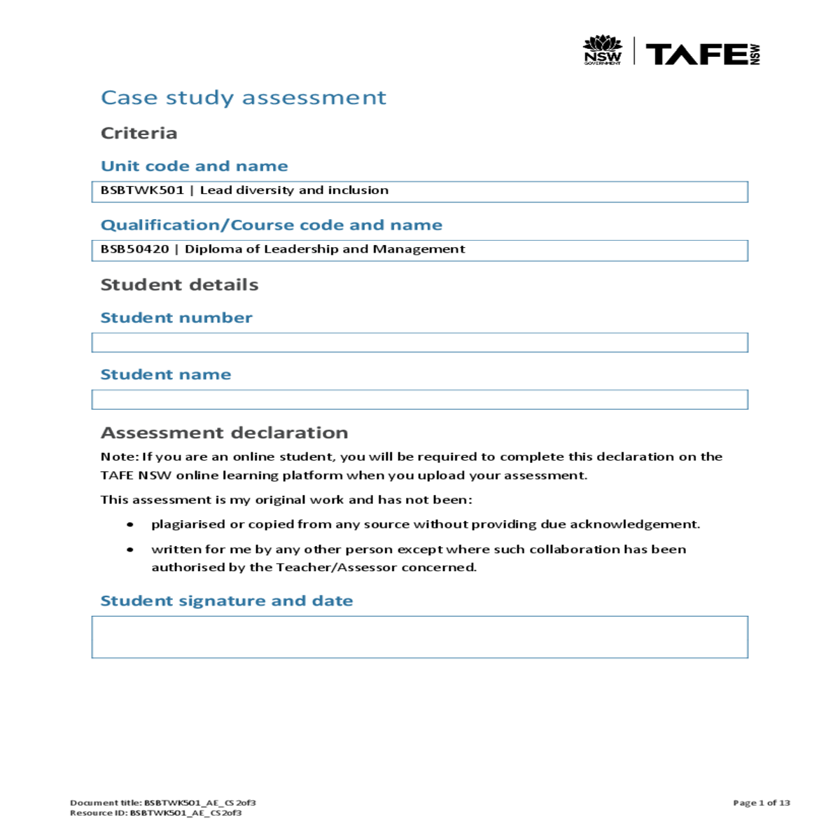case study assessment criteria unit code and nameb