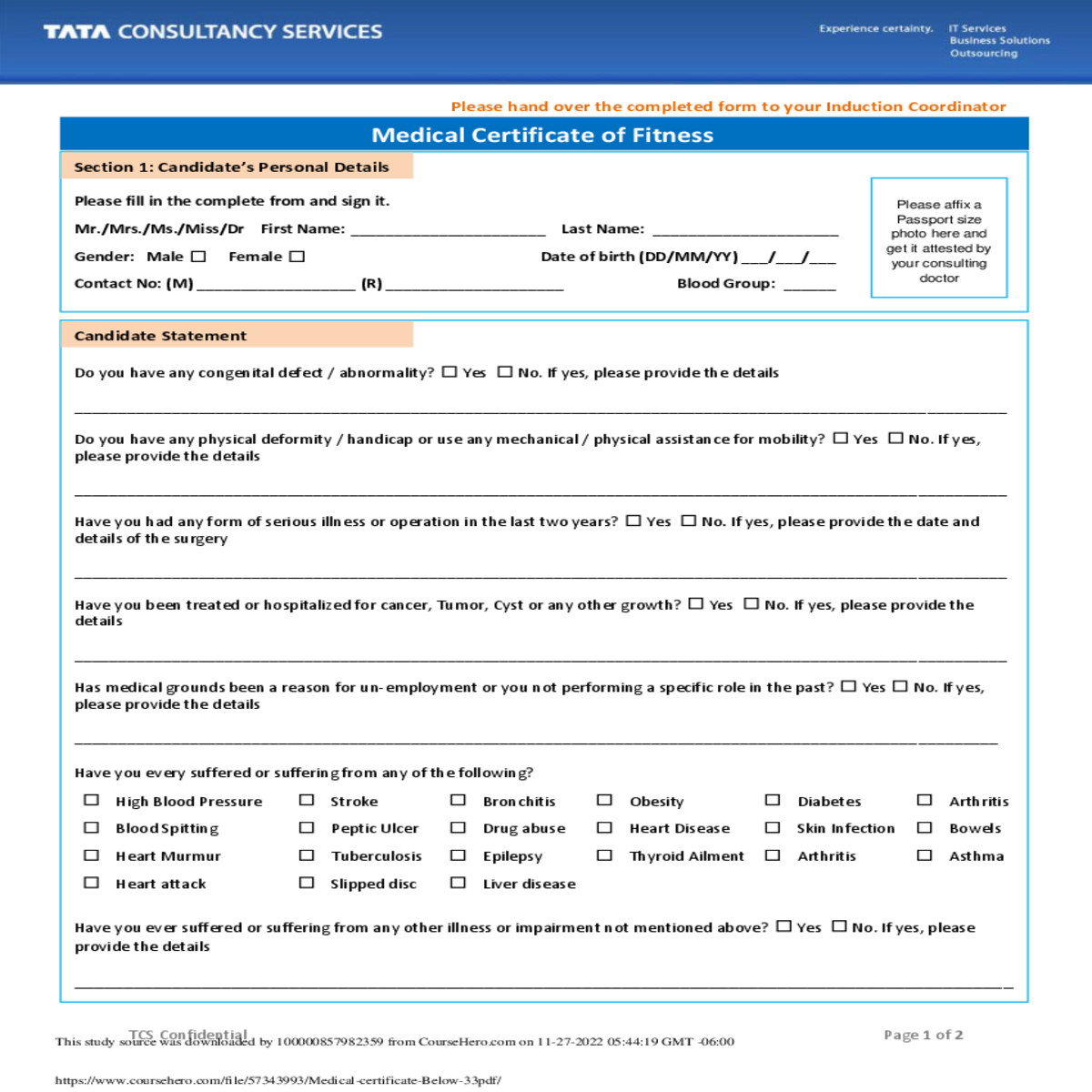 medically fit for employment with tcs signed seale