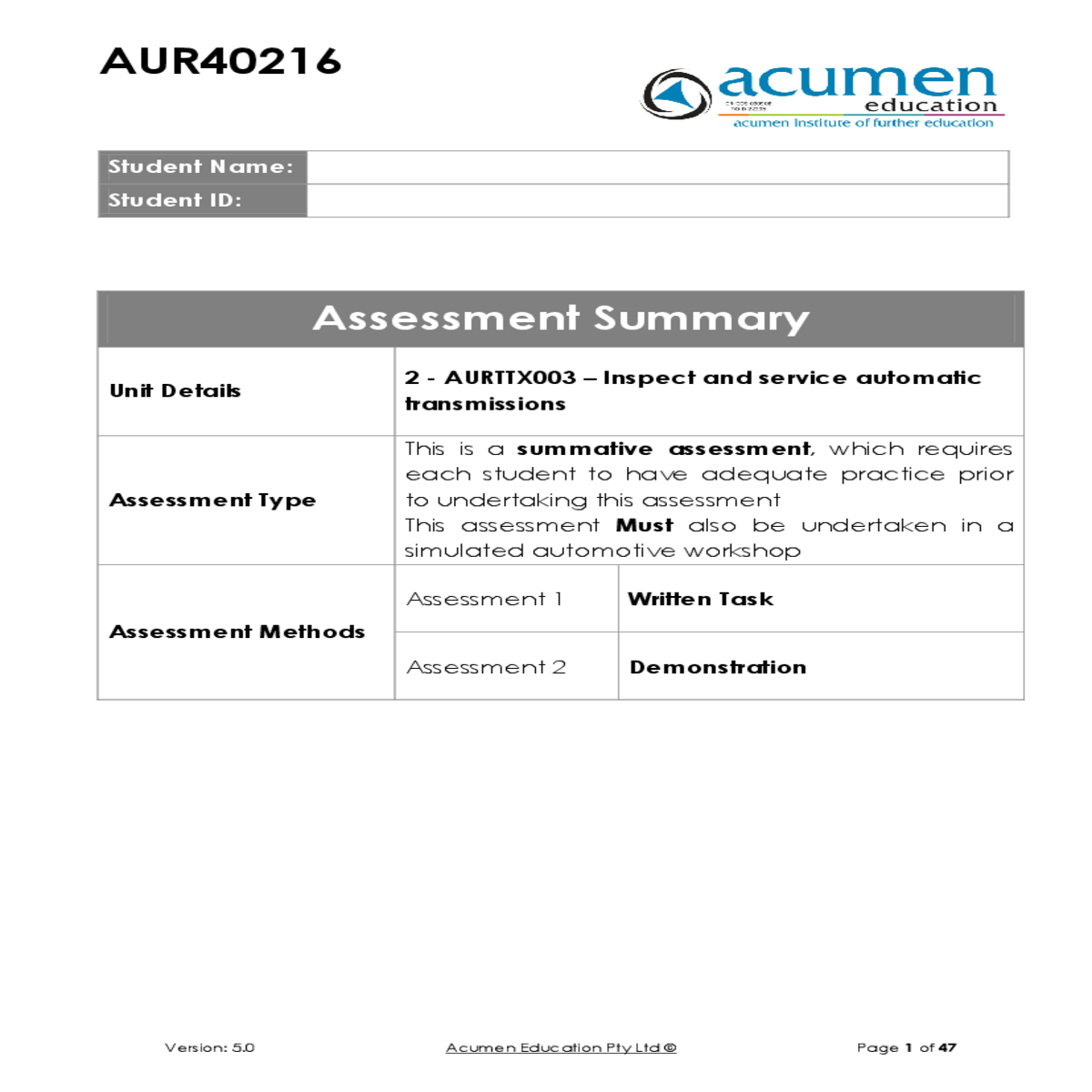 skill observation checklist and assessment outcome
