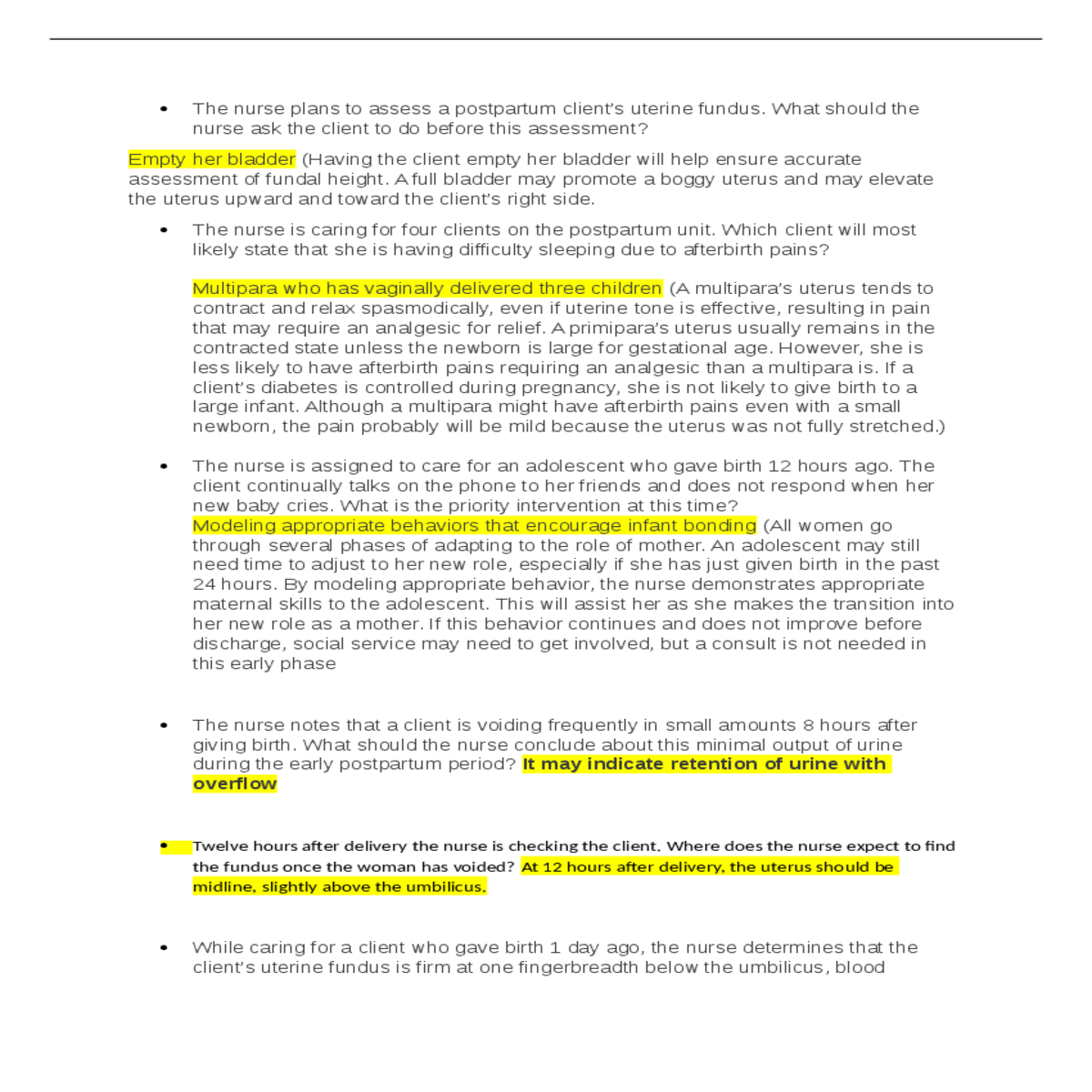 the nurse plans assess postpartum clients uterine 