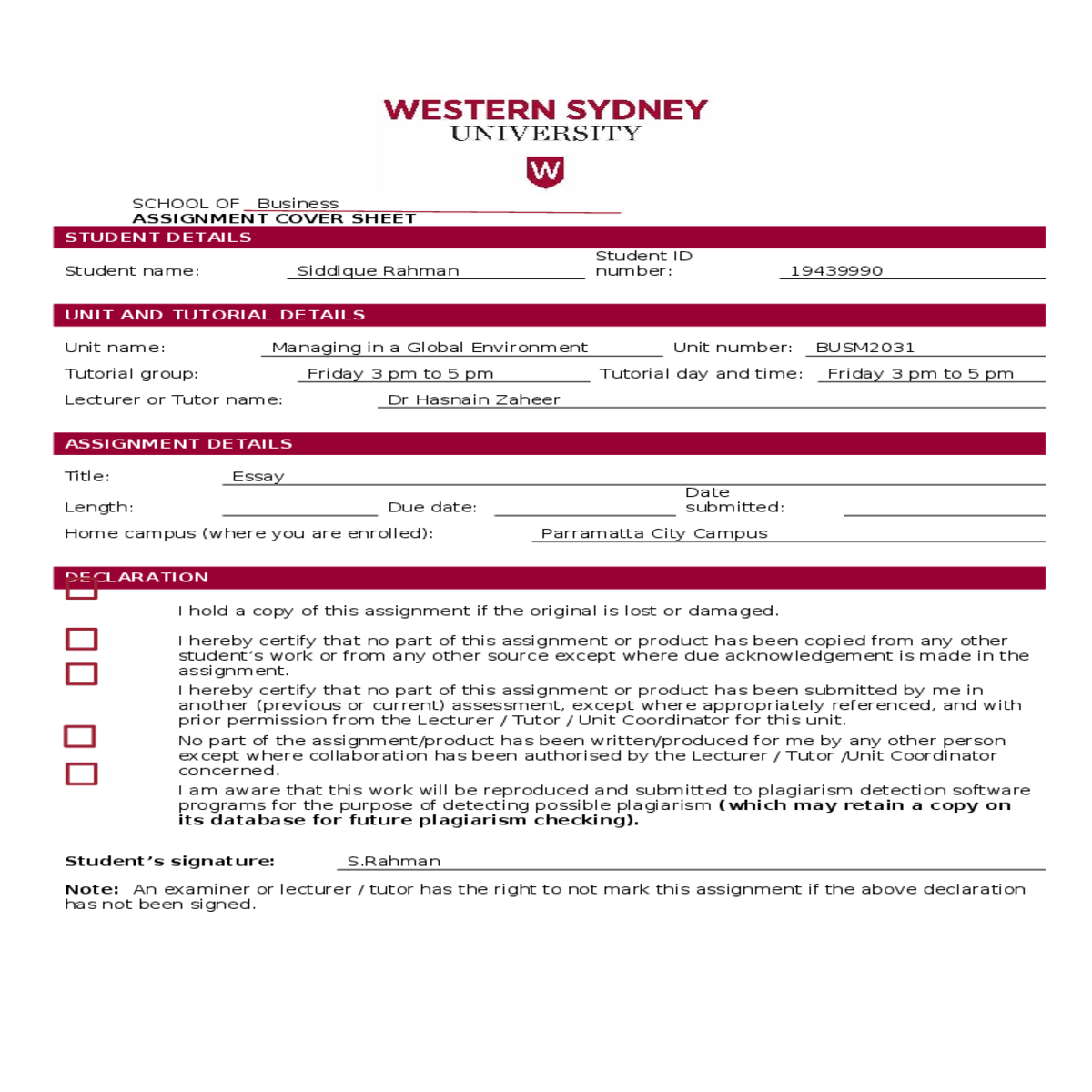wsu businessassignment cover sheettable contentsin