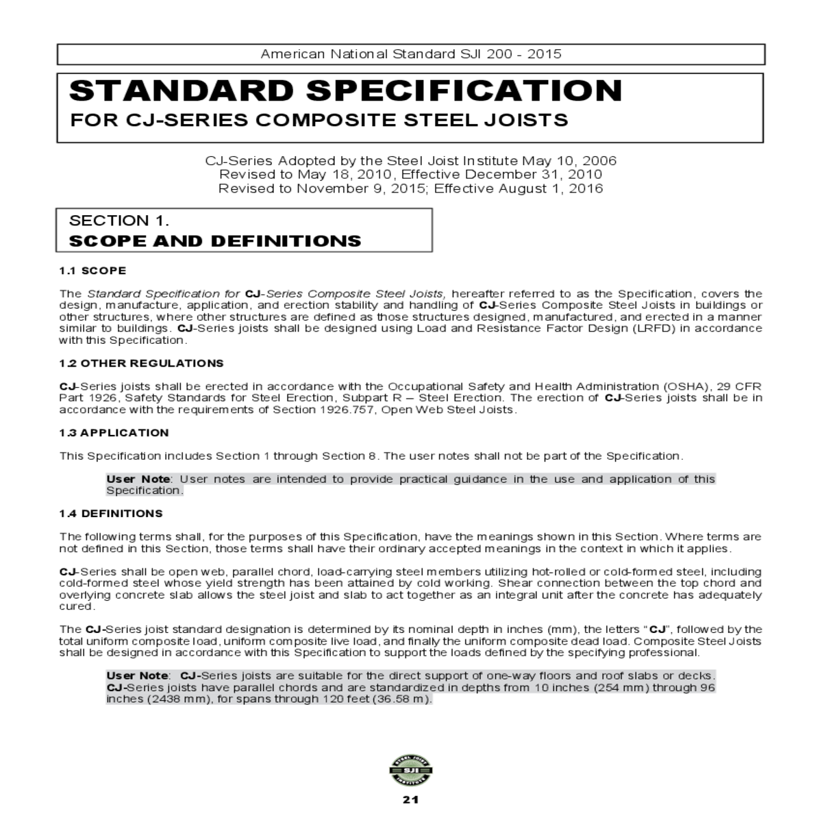 american national standard sji where angle leg len