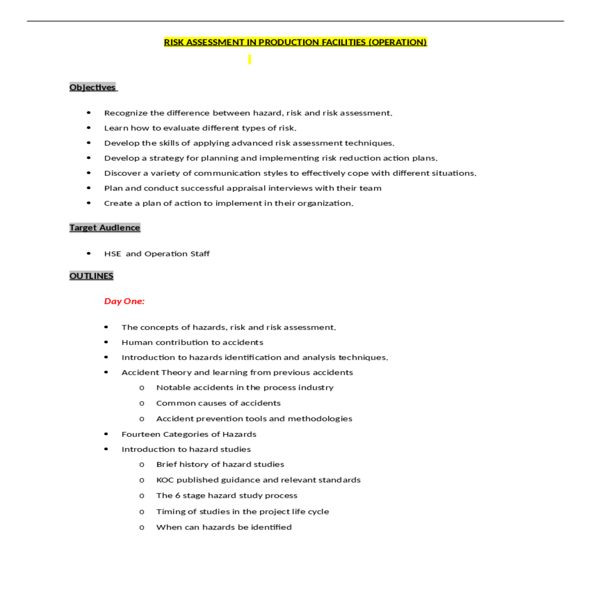 risk assessment production facilities operation re