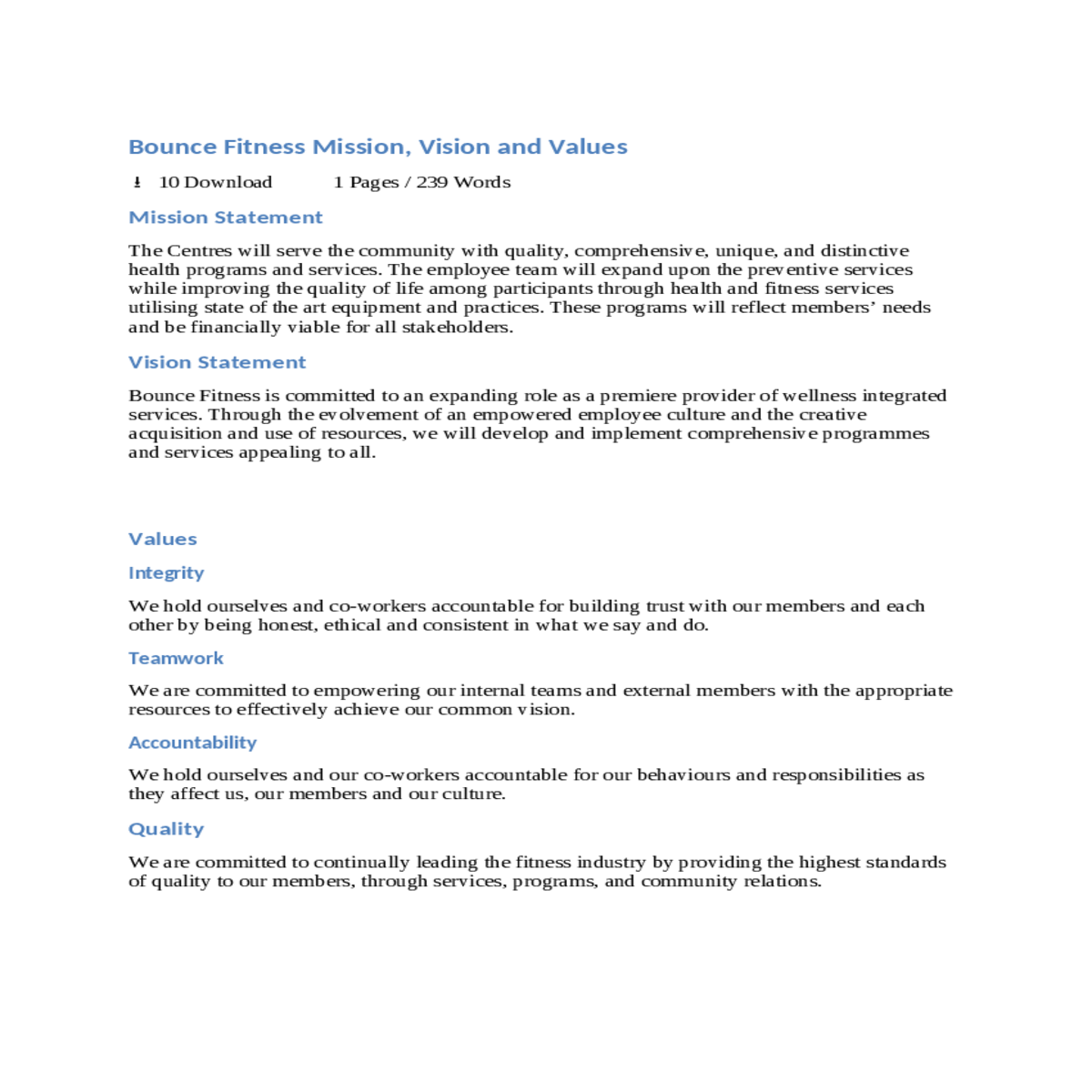 buy bounce fitness mission vision and values answe