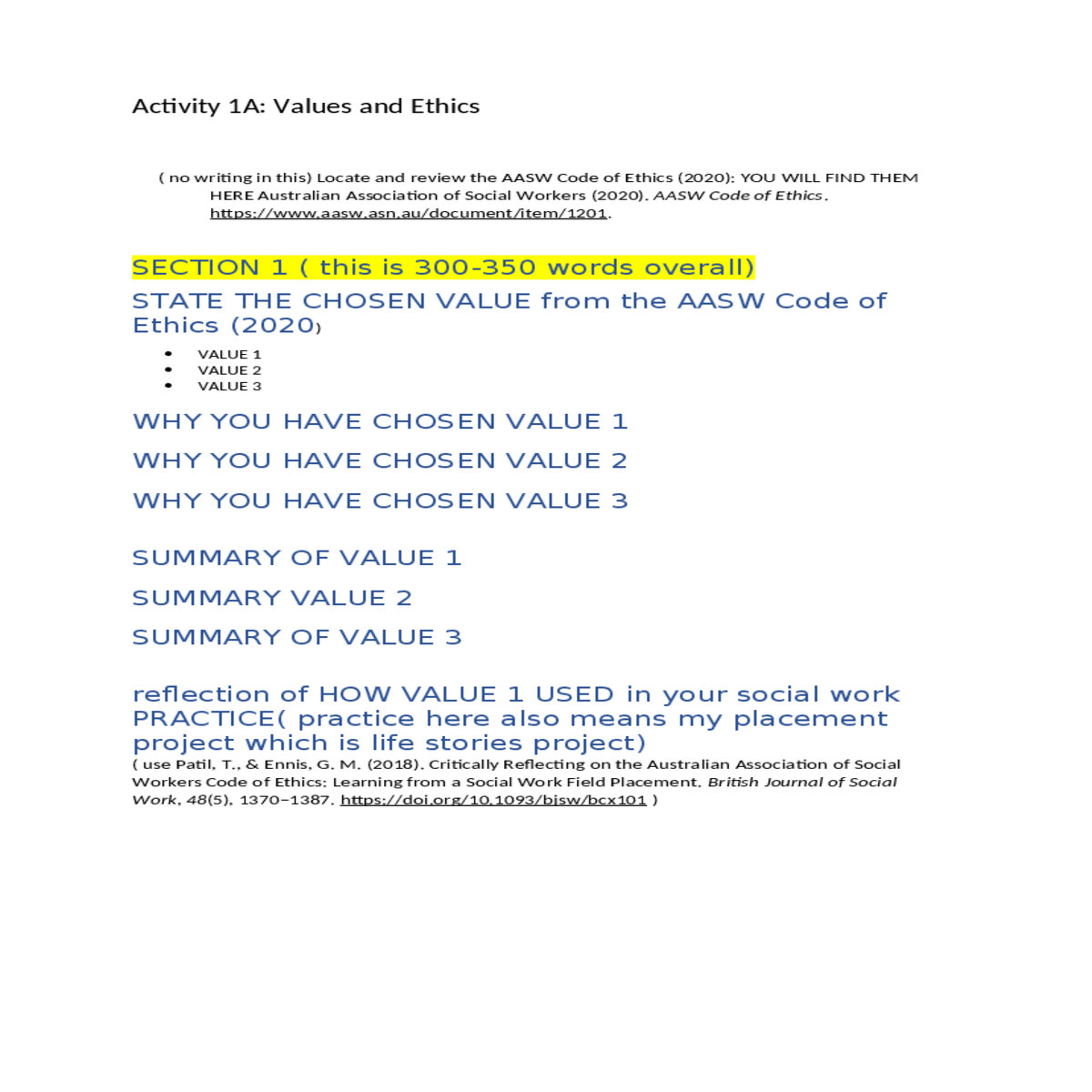 reflection of how value 3 used in your social work