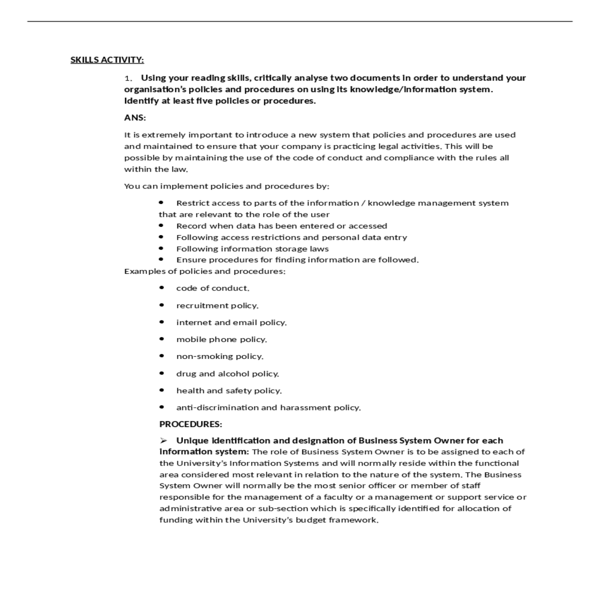 including those specified the business system owne